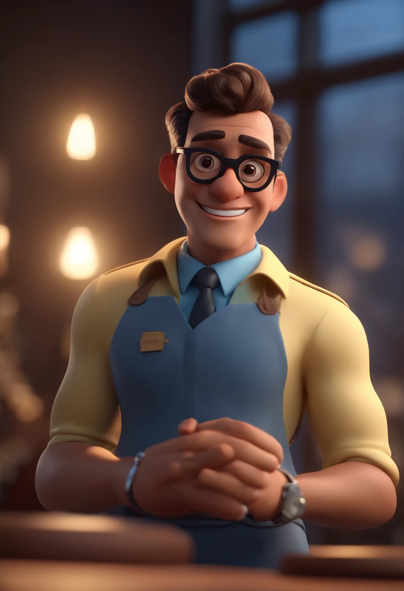Cartoon character of a man with black glasses and a blue shirt, animation character, Caractere estilizado, animation style rendering, 3D estilizado, Arnold Maya render, 3 d render stylized, toon render keyshot, Personagem 3D, Personagem 3D, 3d rendering stylized, 3 d character render, personagem de desenho animado, Personagem de close up, Pose de personagem, (Estilo Pixar) (master part:1.2) (Bokeh) (best quality) (pele detalhada) (textura detalhada) (8k) (argila) (Cinematic lighting) (foco nítido