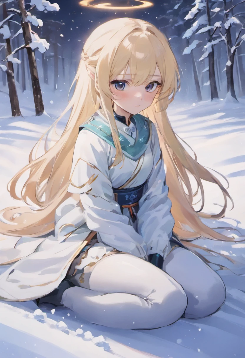 Ganyu sat cross-legged in the snow, a photorealistic painting inspired by Ma Yuanyu, Tumblr, fine art, pale snow-white skin, White snow, very long snow colored hair, White fur, Wearing white tights, pale milky white porcelain skin, Milky white skin, a beautiful woman in white aodai, White tights, blanketed in a mantle of snow