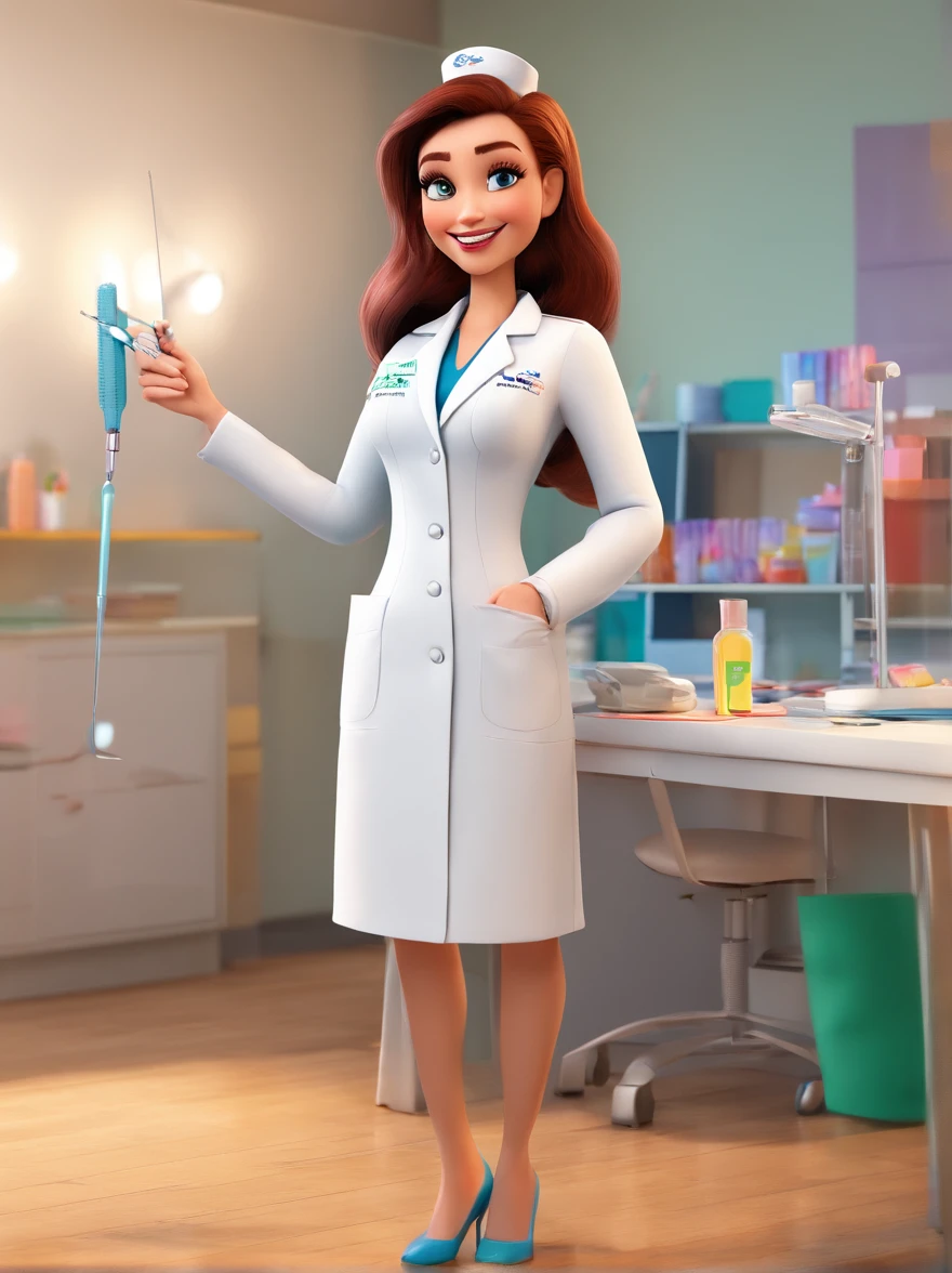 3D Disney Pixar style, A beautiful beautician woman, applying Botox to a patient in the office, Beauty Studio clinic, elegant medical coat, smiling, holding a syringe and medical instrument, full body, Ultra quality, vibrant colors, place with good lighting.