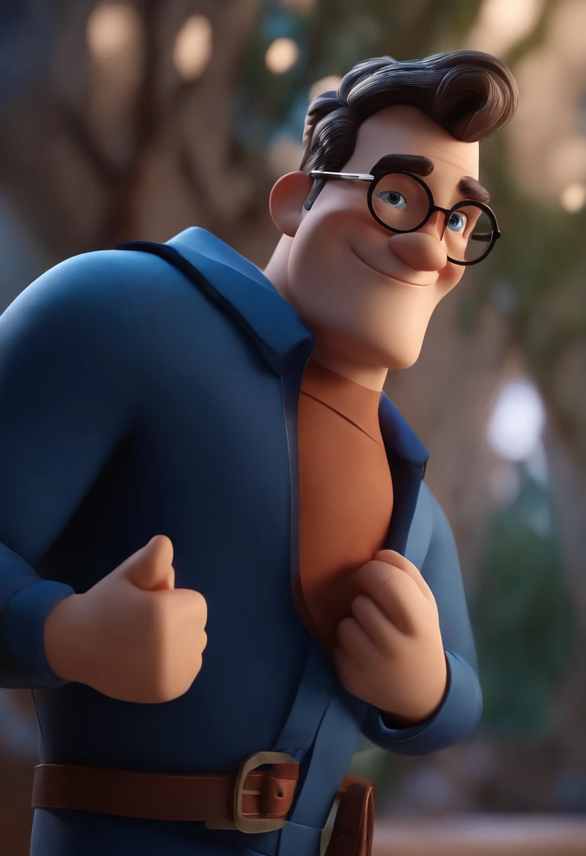 Cartoon character of a man wearing black glasses and a blue shirt, um personagem animado, Caractere estilizado, animation style rendering, 3D estilizado, Arnold Maya render, 3 d render stylized, toon render keyshot, Personagem 3D, Personagem 3D, 3d rendering stylized, 3 d character render, personagem de desenho animado, Personagem de close up, Pose de personagem, (Estilo Pixar) (master part:1.2) (Bokeh) (best quality) (pele detalhada) (textura detalhada) (8k) (argila) (Cinematic lighting) (foco nítido,Senta e vaza a parte superior do corpo