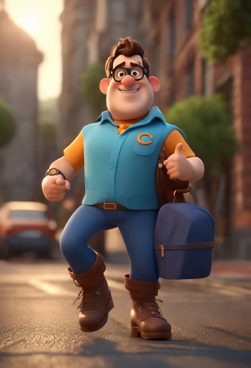 Cartoon character of a man wearing black glasses and a blue shirt, um personagem animado, Caractere estilizado, animation style rendering, 3D estilizado, Arnold Maya render, 3 d render stylized, toon render keyshot, Personagem 3D, Personagem 3D, 3d rendering stylized, 3 d character render, personagem de desenho animado, Personagem de close up, Pose de personagem, (Estilo Pixar) (master part:1.2) (Bokeh) (best quality) (pele detalhada) (textura detalhada) (8k) (argila) (Cinematic lighting) (foco nítido，Senta e vaza a parte superior do corpo