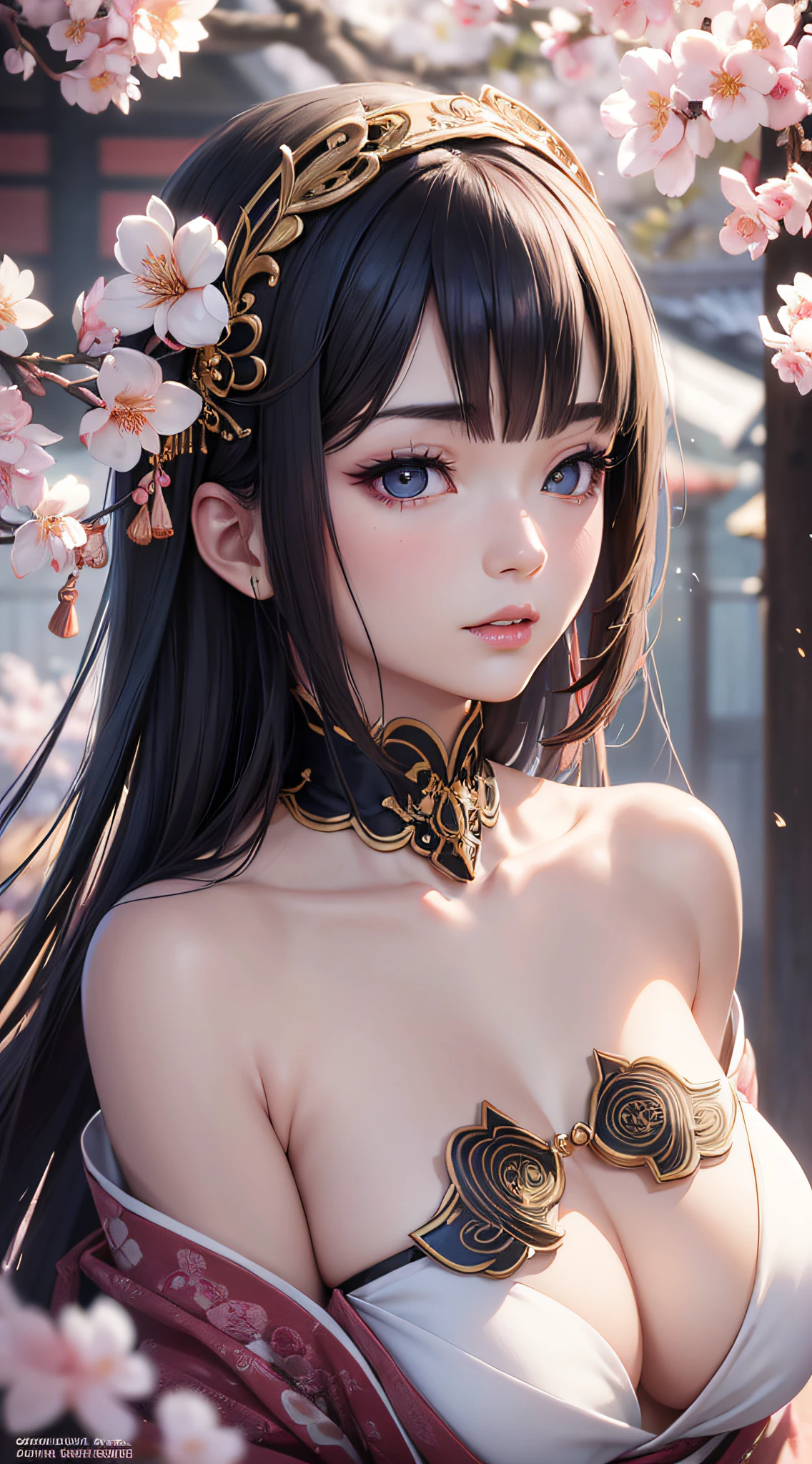 Beautiful Japanese woman, porcelain skin, flawless and radiant, ethereal beauty, monolid eyes dark and deep, captivating gaze, elaborate eyeliner accentuates their allure, arched eyebrows convey tender expressions, lips are softly colored, Adornments of silk kimonos and ornate Cherry blossom hairpieces add depth to her enchanting visage, Global illumination, real hair movement, realistic light, realistic shadow, cinematic, best quality, hyper realistic, 4K, photo realistic, sharp focus, intricate, soft lighting, masterpiece