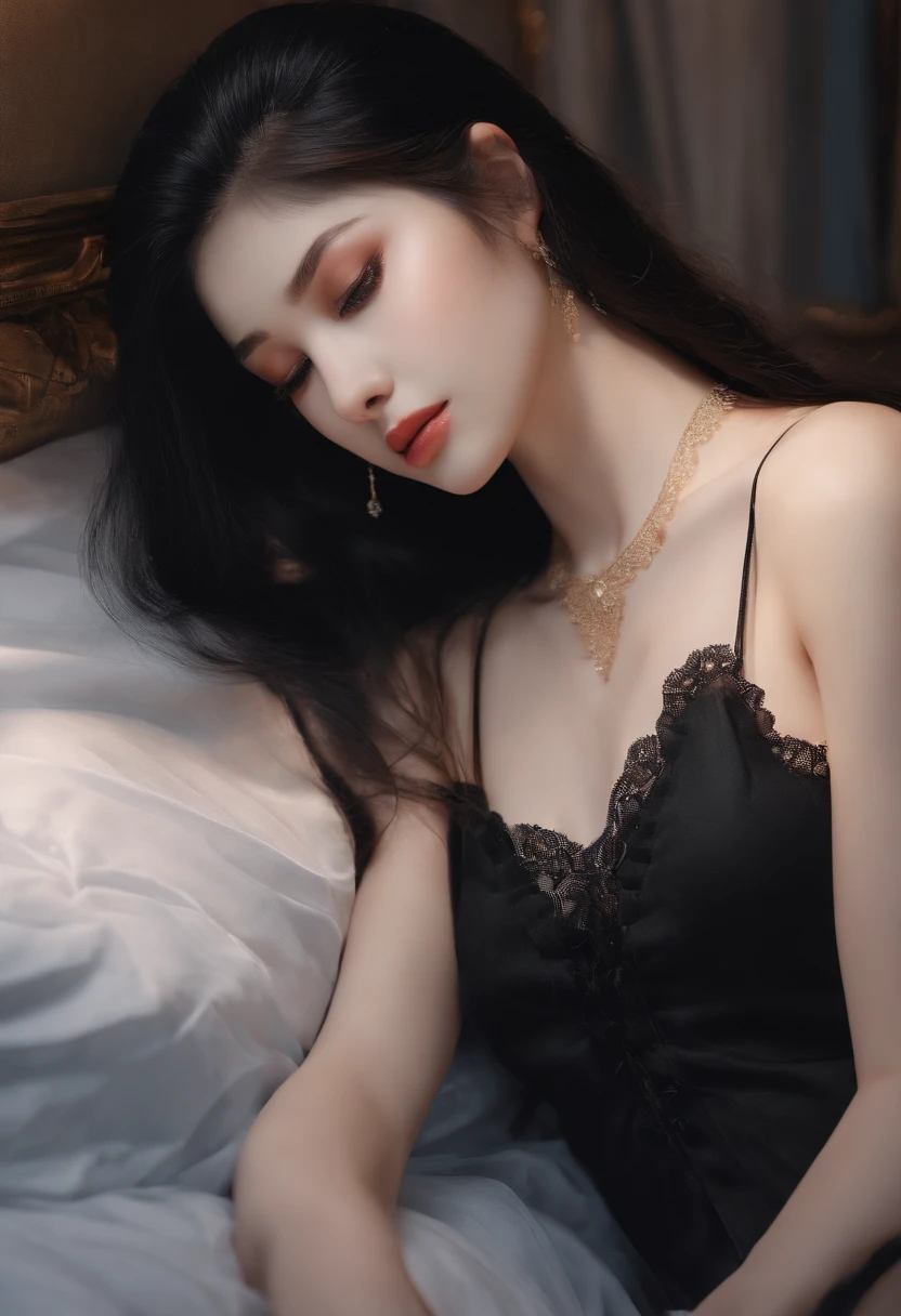 Beauty, Hidden Face, 1 girl, Beauty: 1.3, Slender abs: 1.1, black hair longhair, (Sitting on the bed), Ultra-detailed face, Highly detailed lips, Detailed eyes, Double eyelids, Exuding milk