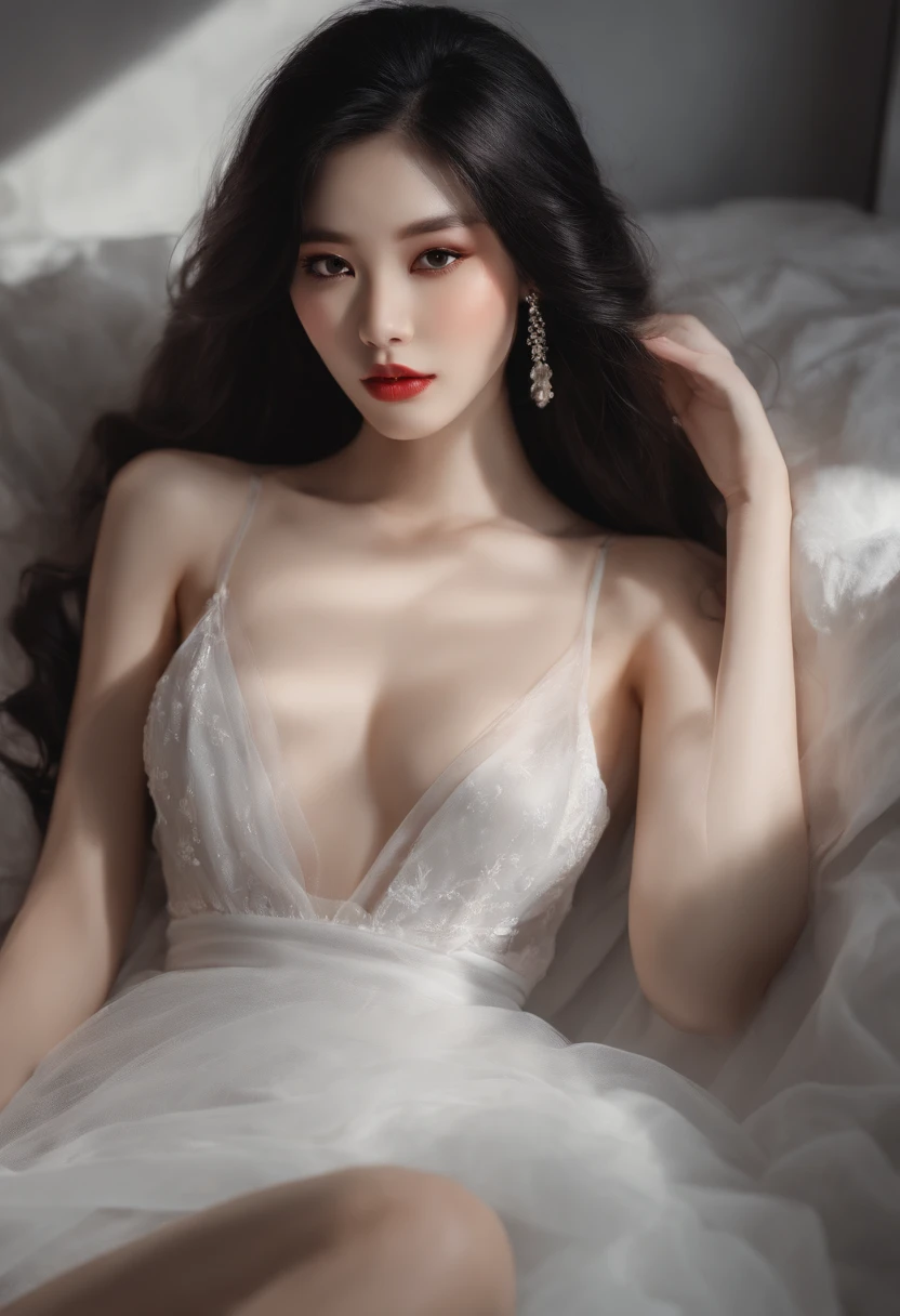 Beauty, Hidden Face, 1 girl, Beauty: 1.3, Slender abs: 1.1, black hair longhair, (Sitting on the bed), Ultra-detailed face, Highly detailed lips, Detailed eyes, Double eyelids, Exuding milk