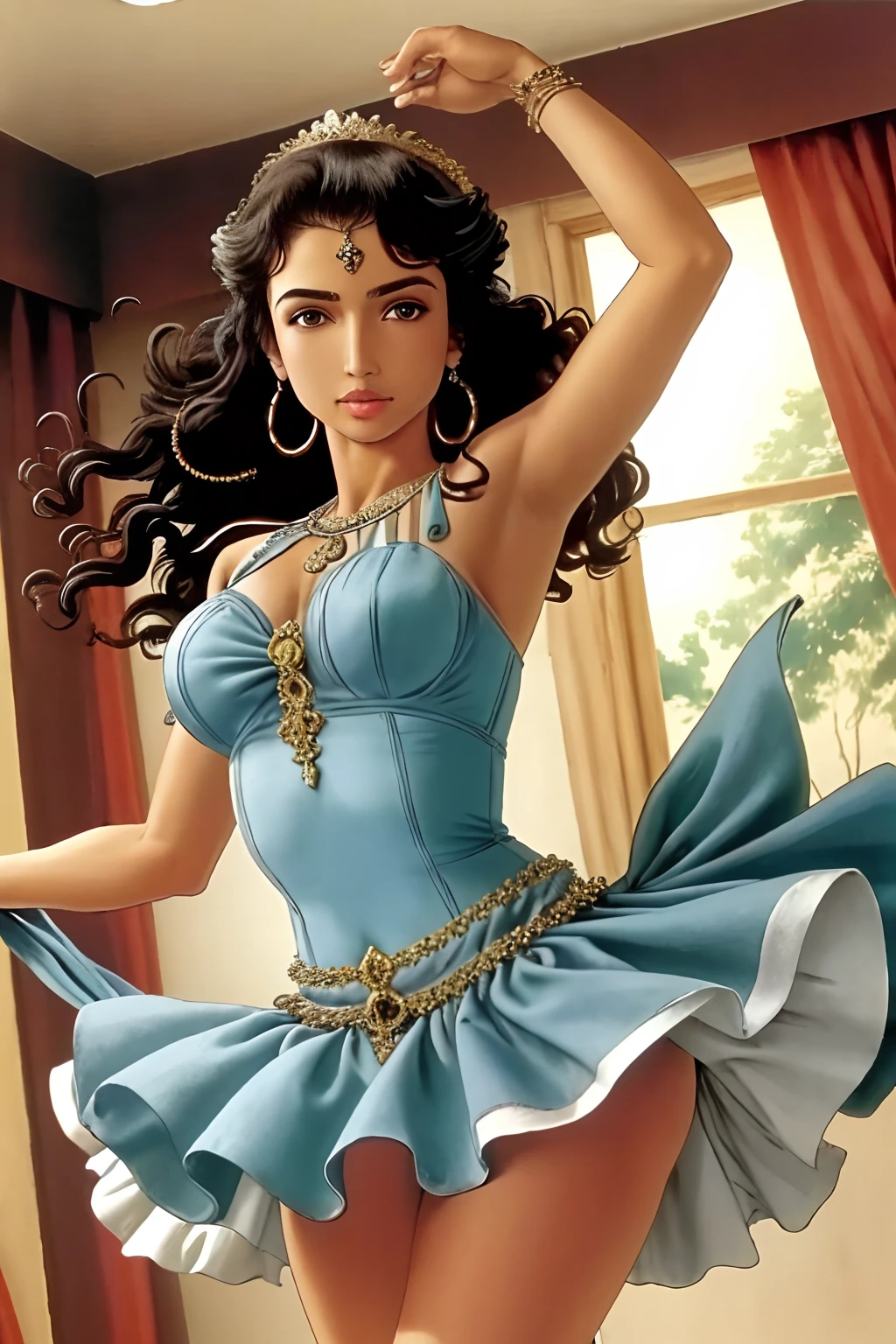 ((best quality)), ((master part)), (circunstanciado),(high-resolution:1.2), 
1girl, Falordelle, pele escura,  toupeira sob o olho, jewelries, olhos azuis, vestido cigano, Dancing