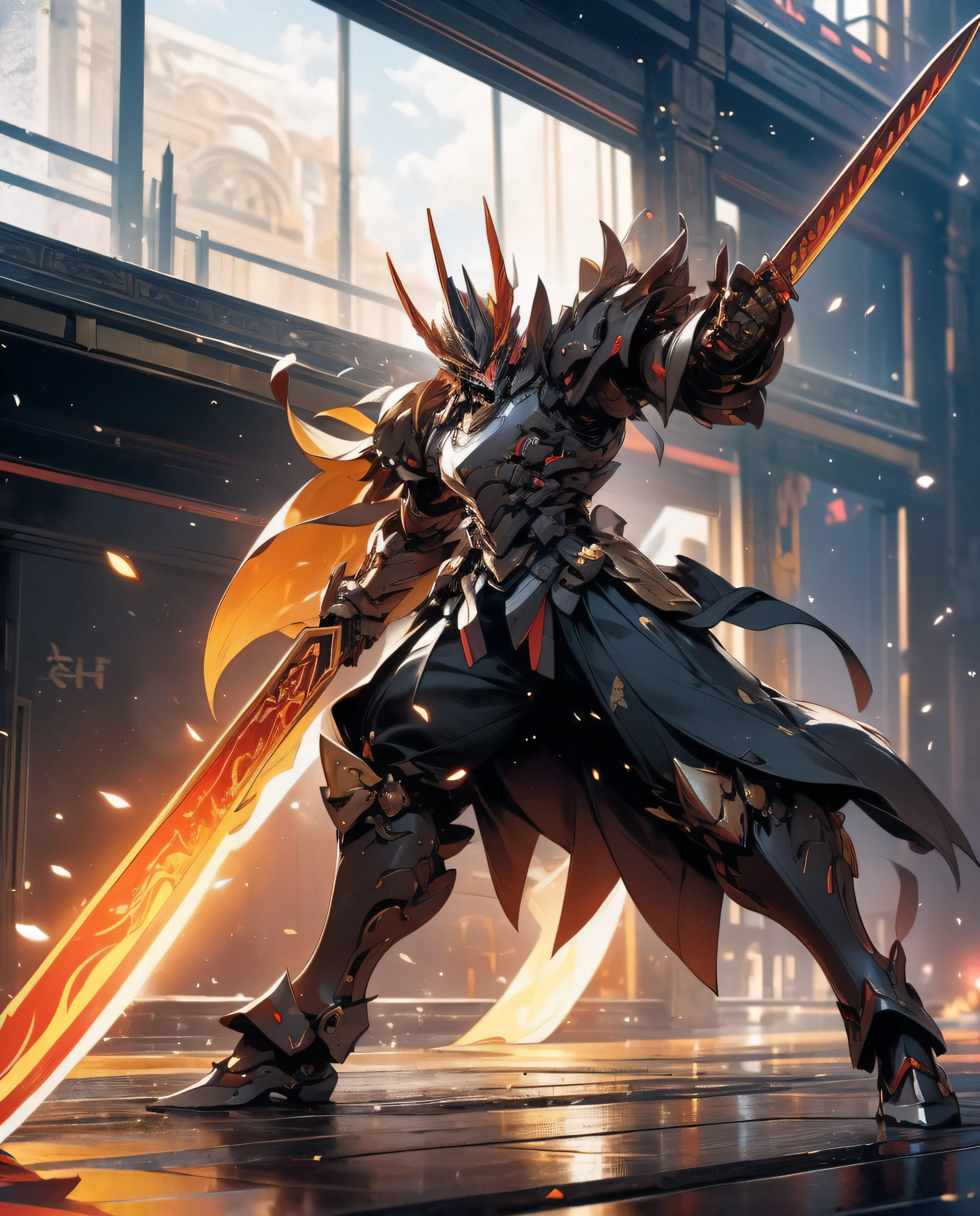 super wide shot, Full body frontal photo,Mecha male warrior，The heroic demeanor of the Three Kingdoms,《Mech color: Red and dark series》，（《Romance of the Three Kingdoms》，《Lü Bu》，Holding Fang Tian's halberd in his hand，），（Full body mecha）, Keqing from Genshin Impact, (Masterpiece) ， The best quality， High quality，Gold armor，电影灯光， （Exquisite future）， Beautiful and beautiful， Ultra detailed， great composition， Floating， Depth of field， （Very detailed CG，Unity 8k壁纸）， （Beautiful detail background）， dramatic lights， GOGETTA， Mecha，best qualtiy，Ultra-high 8K Ultra HD，digital SLR camera，high qulity，Film grain resolution