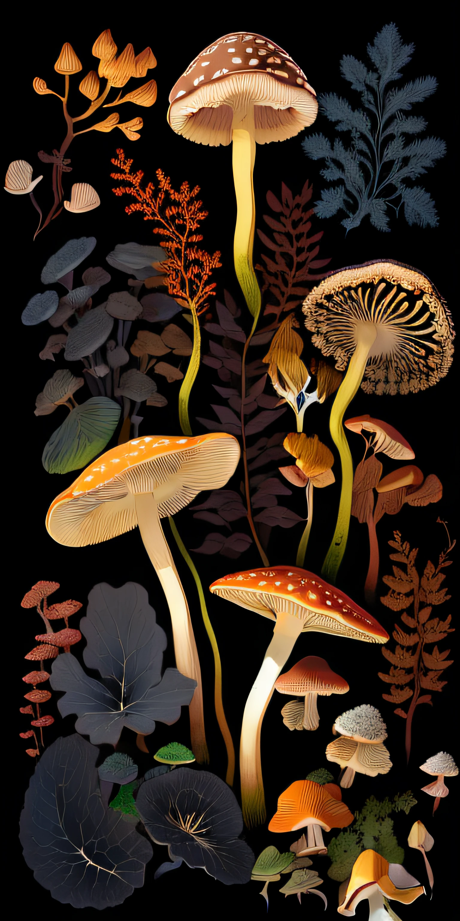 There are many different types of mushrooms and leaves on this black background, mushrooms and plants, mushroom fractals, Mushrooms, fungus and plants, Cogumelos, mycology, dark mushroom, fungus, botanical artwork, botanical art, mycologist, made of mushrooms, cogumelo trippy, Colorful mushrooms, mushroom, mushrooms grow from the body, author：Lubin Baukin, Mushrooms are everywhere