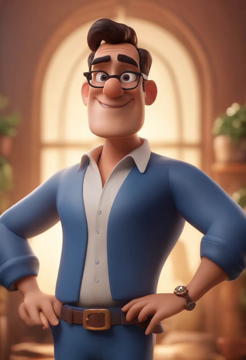 Cartoon character of a man with black glasses and a blue shirt, animation character, Caractere estilizado, animation style rendering, 3D estilizado, Arnold Maya render, 3 d render stylized, toon render keyshot, Personagem 3D, Personagem 3D, 3d rendering stylized, 3 d character render, personagem de desenho animado, Personagem de close up, Pose de personagem, (Estilo Pixar) (master part:1.2) (Bokeh) (best quality) (pele detalhada) (textura detalhada) (8k) (argila) (Cinematic lighting) (foco nítido