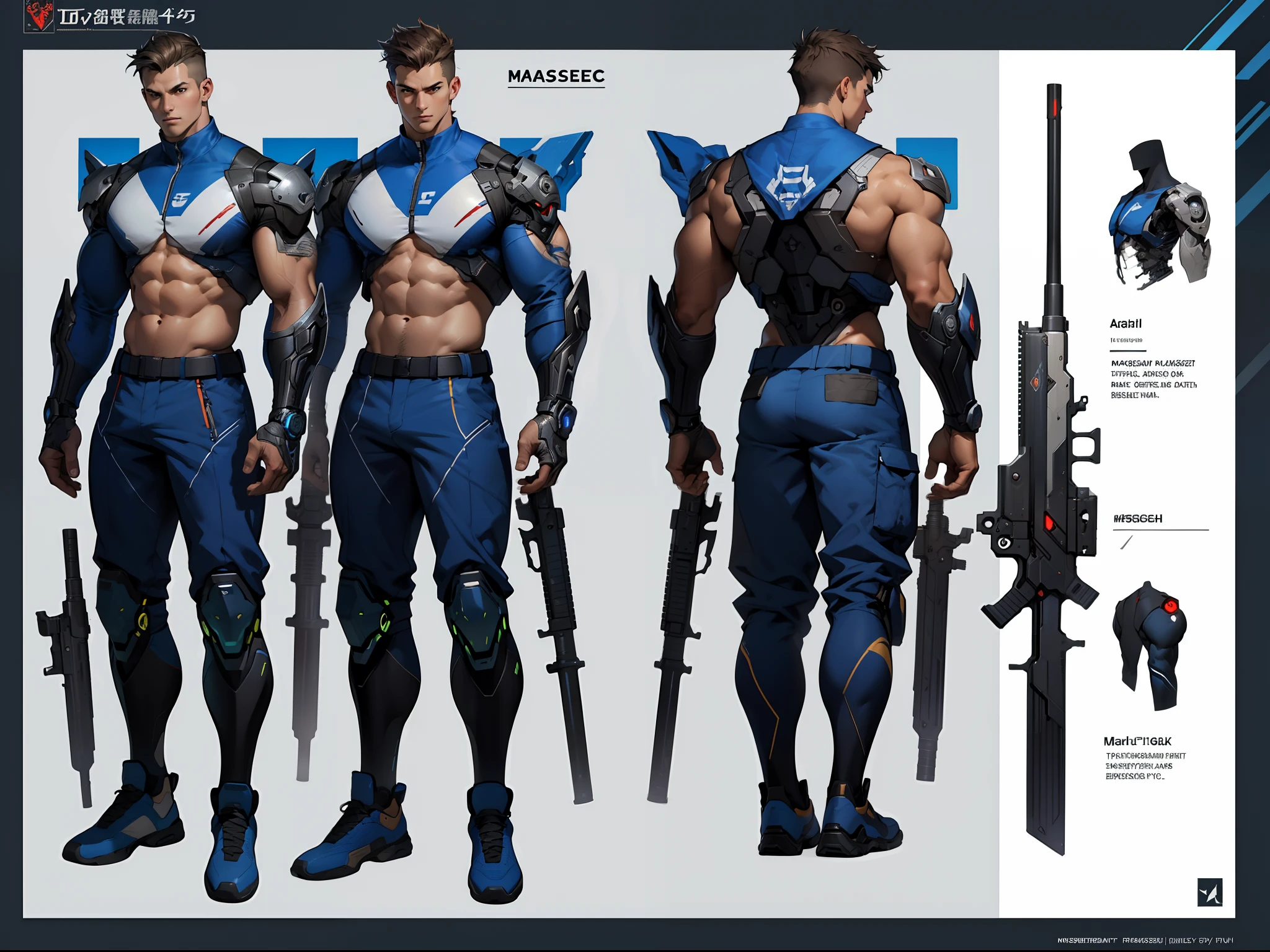 ((Masterpiece, Highest quality)), Detailed face, character design sheet full bodyesbian, Full of details, frontal body view, back body view, Highly detailed, Depth, Many parts, male cyborg with guns，full weapons, muscular, futuristic costumes, marksman