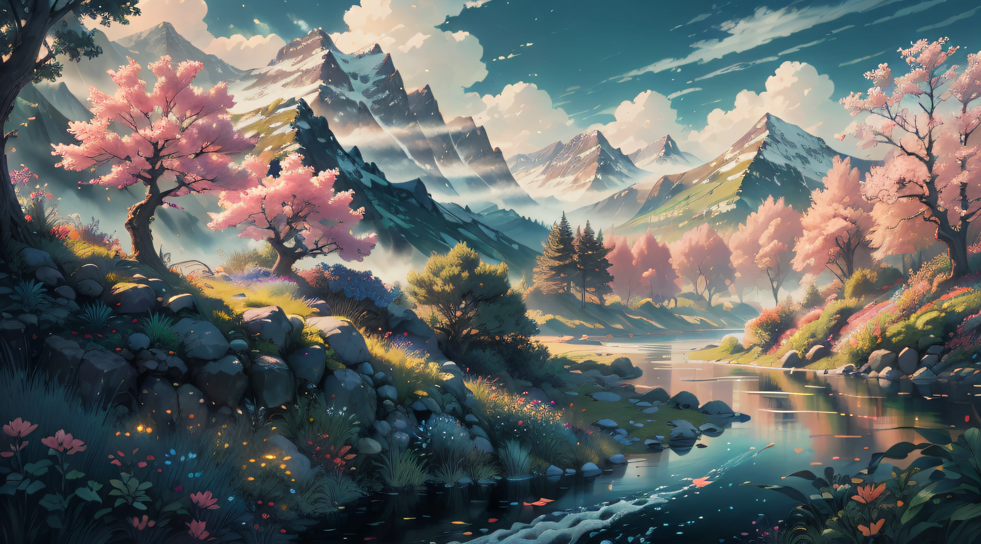 The exquisite beauty of nature:1.1, Realistic, professional, Vivid colors, Soft lighting, Landscapes, Detailed trees, Colorful flowers, flowing river, Majestic mountains, Gentle breeze, Clear blue sky, the sunlight filters through the leaves of the tree, vibrant hues, Natural tranquility, Lush greenery, Realistic textures