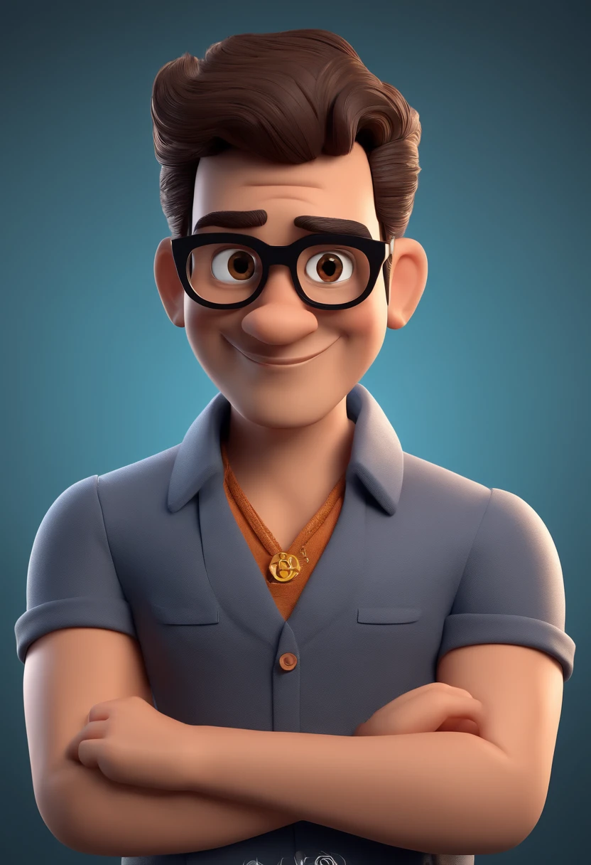 Cartoon character of a man with black glasses and a blue shirt, animation character, Caractere estilizado, animation style rendering, 3D estilizado, Arnold Maya render, 3 d render stylized, toon render keyshot, Personagem 3D, Personagem 3D, 3d rendering stylized, 3 d character render, personagem de desenho animado, Personagem de close up, Pose de personagem, (Estilo Pixar) (master part:1.2) (Bokeh) (best quality) (pele detalhada) (textura detalhada) (8k) (argila) (Cinematic lighting) (foco nítido) 44 anos, 1,84m, forte, sem camiseta, tatuagem no peito de 5 ursos, tatuagem maori em um ombro, barba grisalha, cabelo raspado