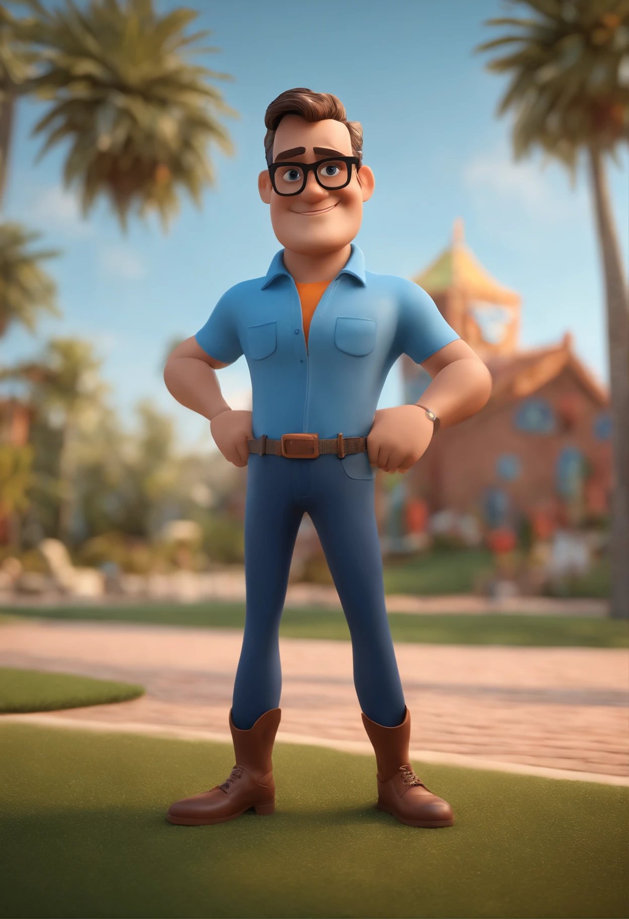 Cartoon character of a man with black glasses and a blue shirt, animation character, Caractere estilizado, animation style rendering, 3D estilizado, Arnold Maya render, 3 d render stylized, toon render keyshot, Personagem 3D, Personagem 3D, 3d rendering stylized, 3 d character render, personagem de desenho animado, Personagem de close up, Pose de personagem, (Estilo Pixar) (master part:1.2) (Bokeh) (best quality) (pele detalhada) (textura detalhada) (8k) (argila) (Cinematic lighting) (foco nítido