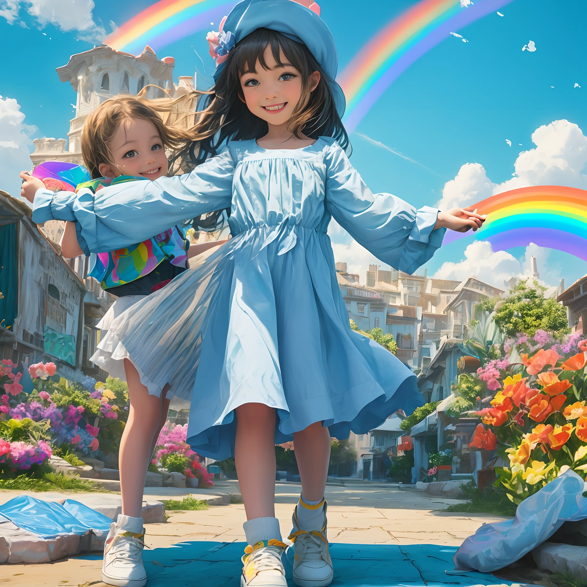 Highest quality,Highest Resolution,A woman walking along a green path with falling petals, holding a baby,Rainbow on background,