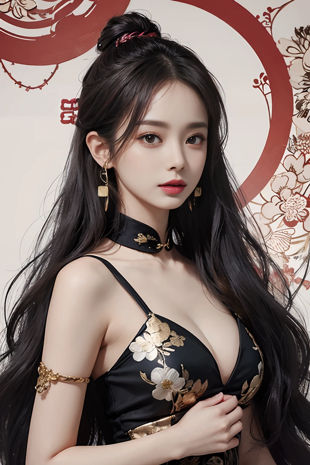 （tmasterpiece，top Quority，best qualtiy，offcial art，Beauty and aesthetics：1.2），（1girll：1.3），The main body is a beautiful girl，Coiled hair，Chinese，The is very detailed，Gorgeous jewelry（s fractal art：1.1），（a color：1.1）（blossoms：1.3），Most detailed，（ zentangle:1.2), (Dynamic pose), (abstract backgrounds:1.3), (Chinese Traditional Cloth:1.2), (Shiny skin), (many color:1.4), ,(Earrings:1.4),