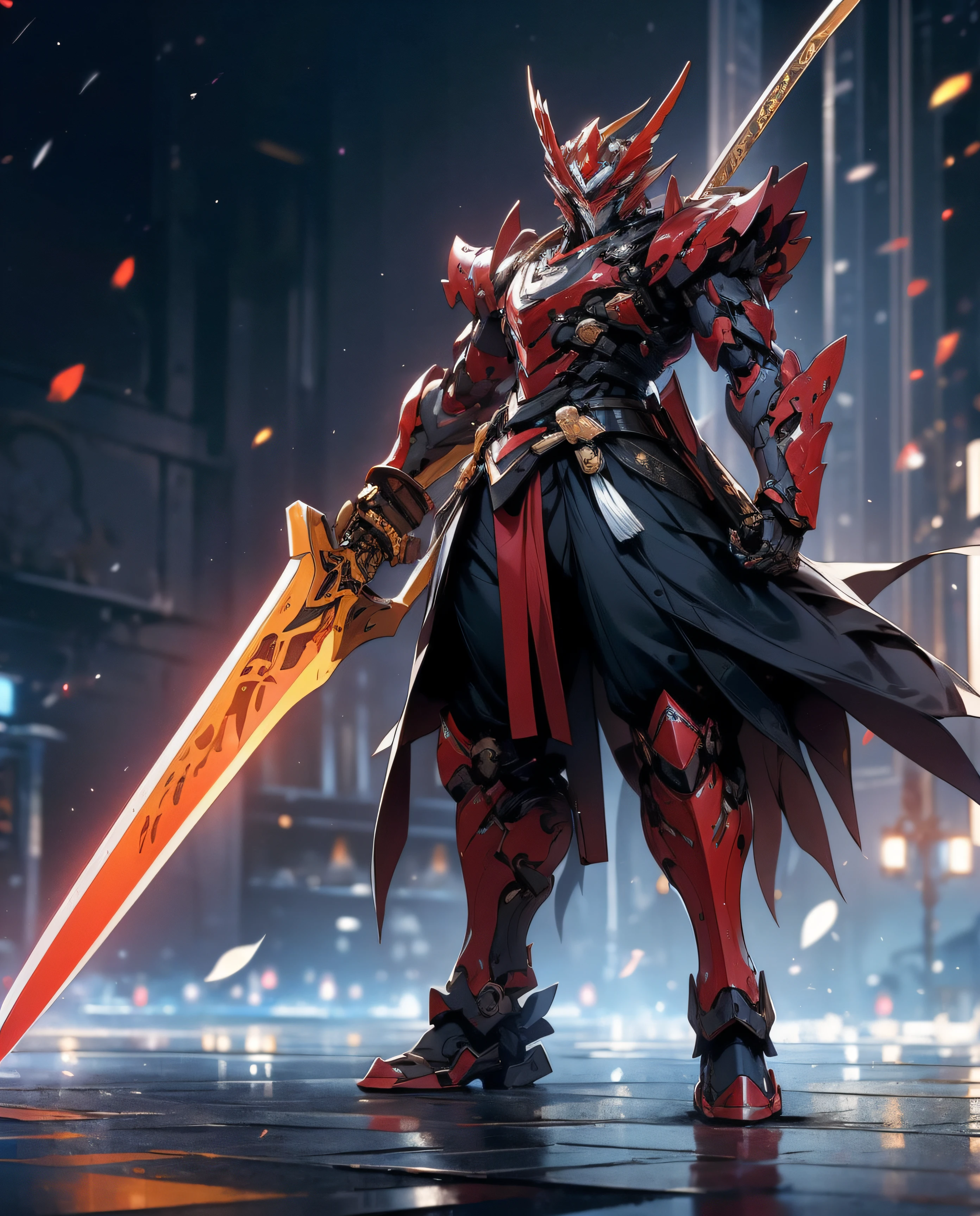 super wide shot, Full body frontal photo,Mecha male warrior，The heroic demeanor of the Three Kingdoms,《Mech color: Red and dark series》，（《Romance of the Three Kingdoms》，《Lü Bu》，Holding Fang Tian's halberd in his hand，），（Full body mecha）, Keqing from Genshin Impact, (Masterpiece) ， The best quality， High quality，Gold armor，电影灯光， （Exquisite future）， Beautiful and beautiful， Ultra detailed， great composition， Floating， Depth of field， （Very detailed CG，Unity 8k壁纸）， （Beautiful detail background）， dramatic lights， GOGETTA， Mecha，best qualtiy，Ultra-high 8K Ultra HD，digital SLR camera，high qulity，Film grain resolution