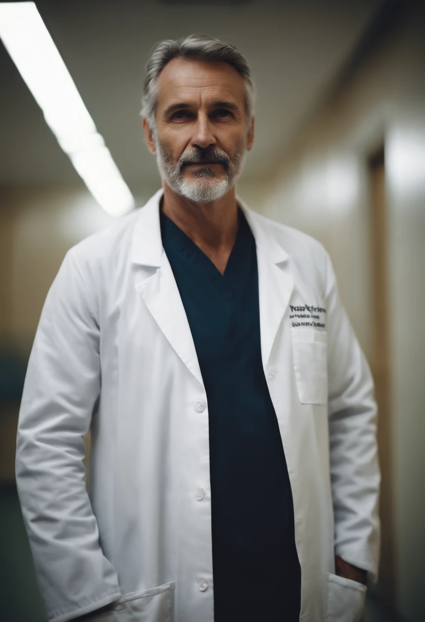 Fisioterapeuta de 45 anos, homem branco, Standing in hospital long sleeve lab coat
