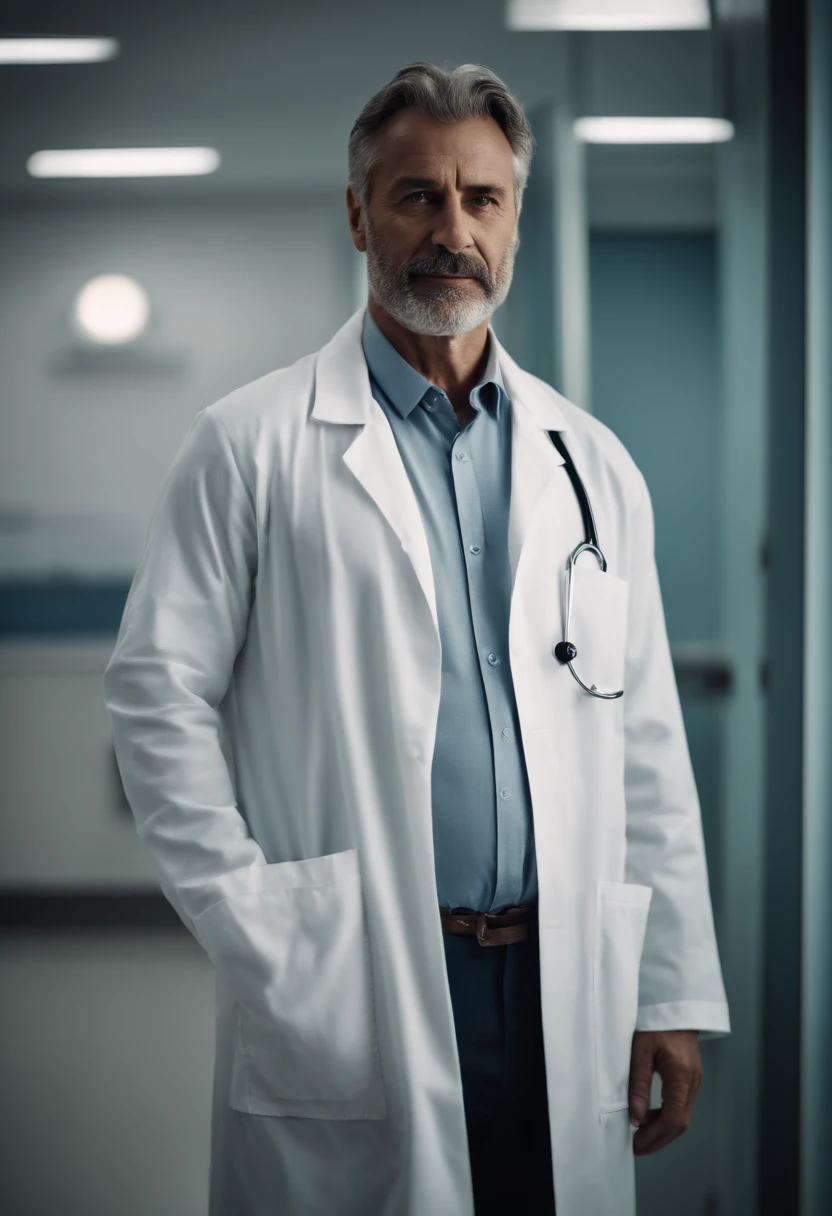 Fisioterapeuta de 45 anos, homem branco, Standing in hospital long sleeve lab coat
