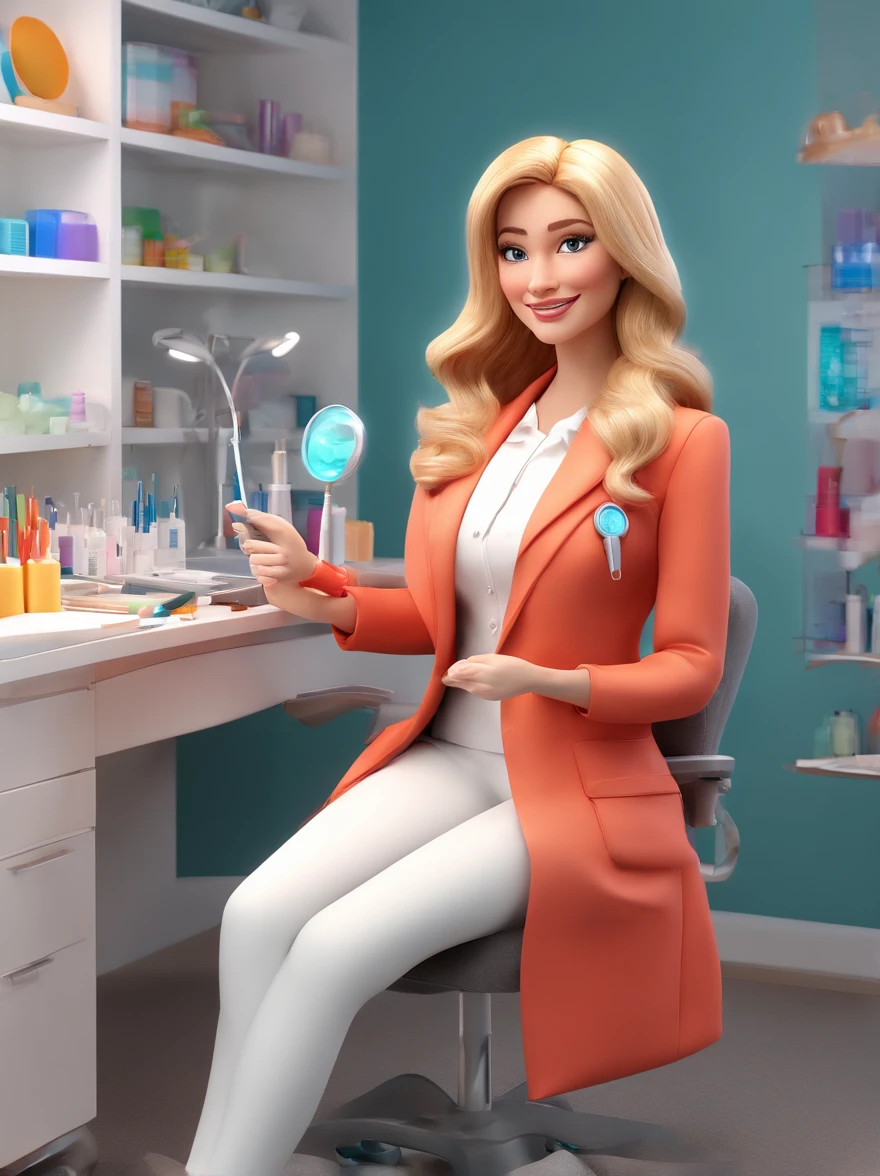 3D Disney Pixar style, A pretty woman, long blonde hair, medical coat, applying Botox to a patient in the office, aesthetics and beauty Studio clinic, elegant, smiling, holding a syringe and medical instrument, full body, Ultra quality, vibrant colors, place with good lighting.