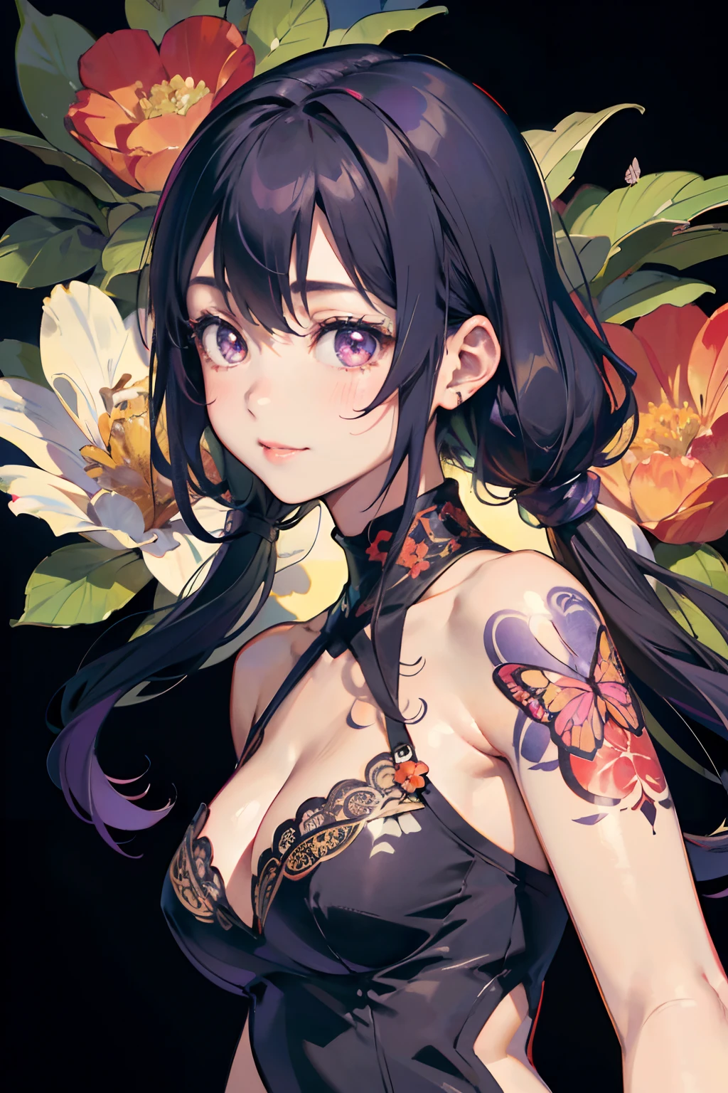 a 20 yo woman、Blackberry Hair、long twintail、Big smile、cleavage of the breast、Thighs at a glance、fishnet tights、Long cheongsam with long purple ankles on open chest、(hi-top fade:1.3)、dark themed、Muted Tones、Subdued Color、highly contrast、(natural skin textures、Hyper-Realism、Soft light、sharp) (masutepiece, of the highest quality, Best Quality, Official art, Beautiful and aesthetic: 1.2), (1girl in: 1.3), Very detailed, (Fractal Art: 1.1), (Color: 1.1) (Flowers: 1.3), (By Yuko Higuchi:1.4), Yuko Higuchi,(posted by Yow:1.2),(linear art),Line drawing,Pen drawing,Zentangle,(Tattoo patterns:1.2),(complex lines),(masutepiece),(Best Quality:1.1), (Ultra-detailed),Best Illustration,finely detail,hand-drawn high quality,High contrast,(Clean lines:1.3),ligne claire,(Portrait),(very closeup:1.1),1 girl,Solo,The girl is surrounded by red flowers,(Intricate details:1.3),(Detailed background:1.2),(coloured background:1.1),sketch,Intricate details,High resolution,Butterfly and flower tattoos all over the upper body,