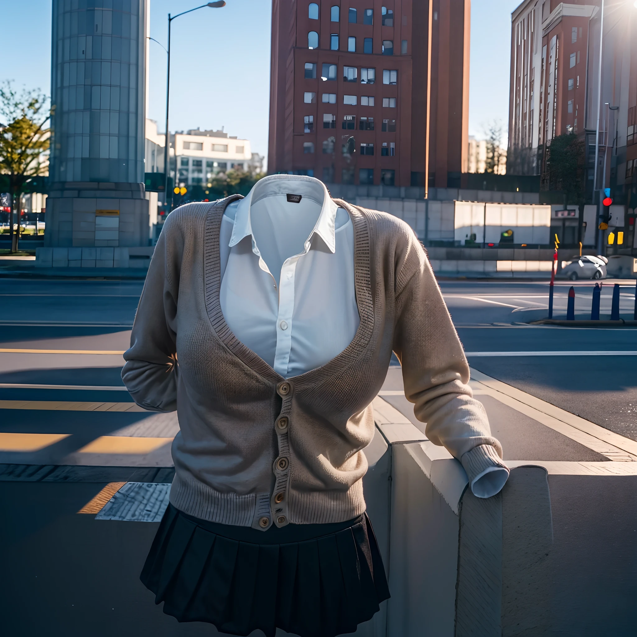 Bag strap between chest, Hold the school bag at an angle, skirt, bow, school uniform, socks, plaid, kneehighs, plaid skirt, sweater vest, summer uniform, otonokizaka school uniform, Very detailed, Pay attention to the details, Perfect outfit, (invisible:1.5, no humans:1.5, headless:1.5, faceless:1.5), (cute big breasts), (8k, RAW photo, best quality, masterpiece:1.2), (realistic, photo-realistic:1.37), photon mapping, radiosity, ((Hasselblad photography)), physically-based rendering