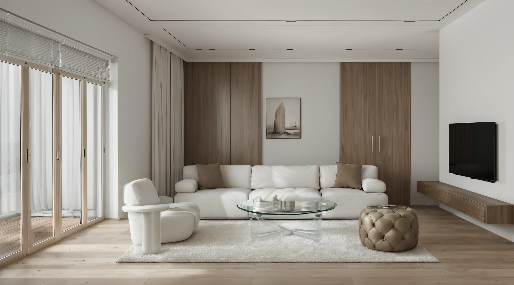 minimalist livingroom interior design, wood floor, rug, luxurious sofa, glass window, glass door, lamp, picture frame, wooden cabinet, white curtain, white ceiling, (masterpiece), realistic, high quality, softlight, natural contrast, scenery,(luxury), potted plant