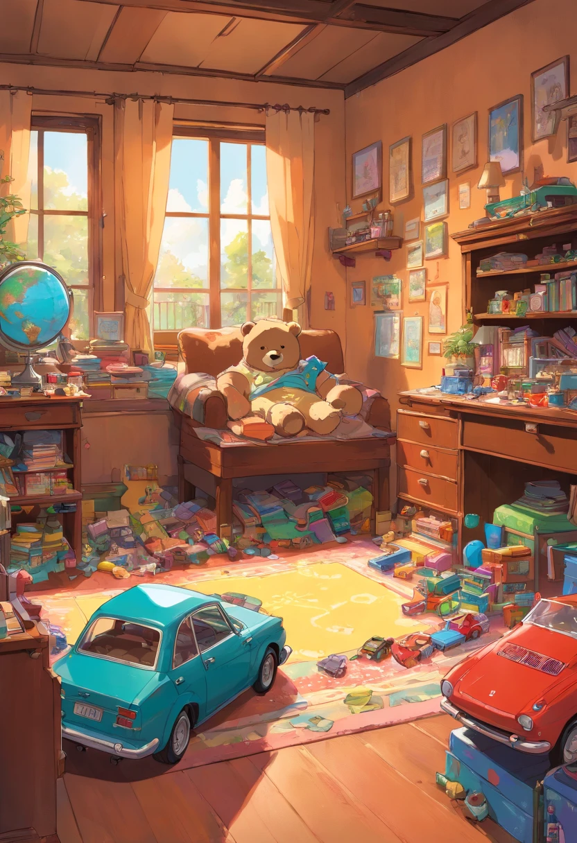 A brown daddy bear, Smashed a toy car, guilty, Helpless, Detail portrayal, Cosy room, Study desk, Beds, toys, The colors are bright and bright, Ghibli-like colours, three sided view, move chart, masterpiece --auto