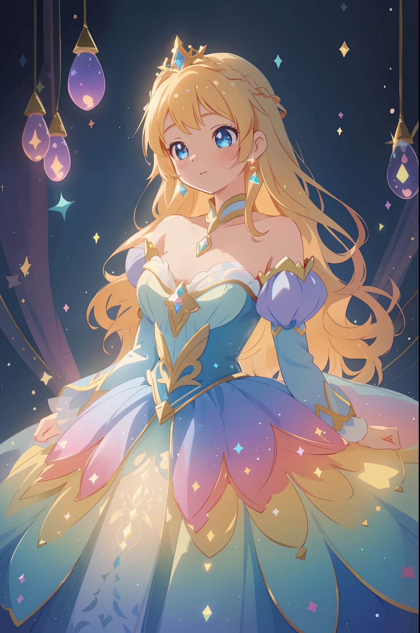 beautiful anime girl, princess, colorful fantasy princess layered ballgown, colorful rainbow layered ballgown dress, fantasia background, sparkling lights, sparkling ballgown, twinkling lights, magical, soft pastel colors, (masterpiece), best quality, sharp focus, intricate details, highly detailed, detailed dress design, sharp focus, high resolution, 8k resolution, beautiful face, golden ratio, perfection, perfect composition, sparkling eyes, highly detailed eyes, perfect face, beautiful, sparkling lights, dark background, cinematic lighting, long wavy blonde hair