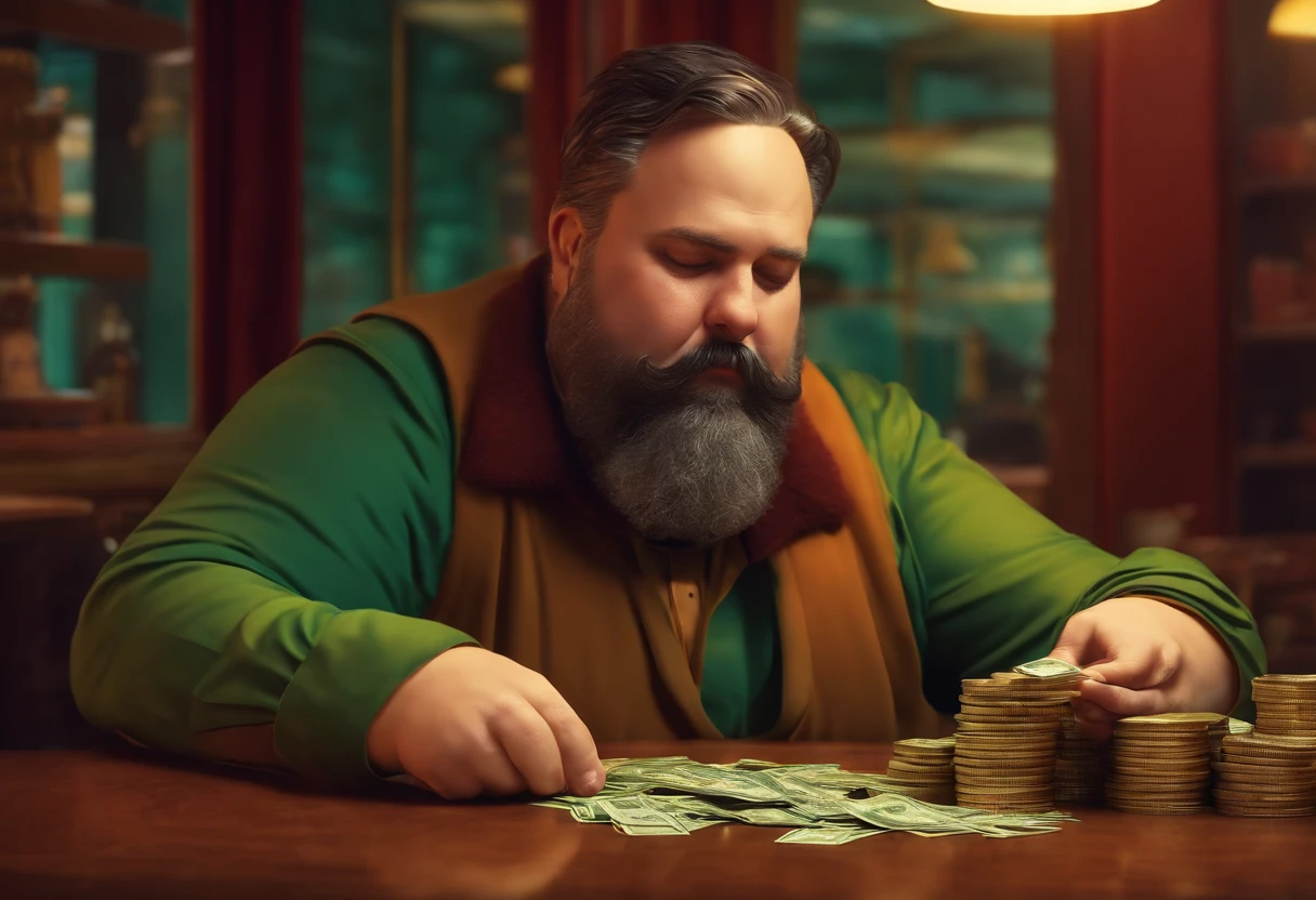 A slightly fat man in his 40s with a beard counting money at a table