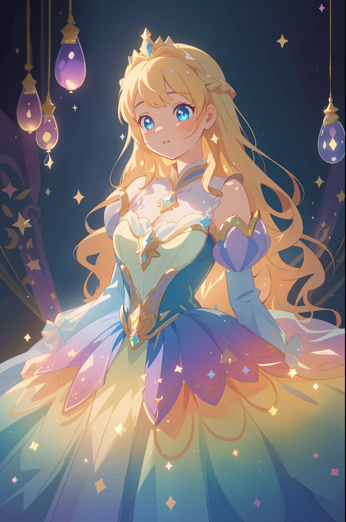 beautiful anime girl, princess, colorful fantasy princess layered ballgown, colorful rainbow layered ballgown dress, fantasia background, sparkling lights, sparkling ballgown, twinkling lights, magical, soft pastel colors, (masterpiece), best quality, sharp focus, intricate details, highly detailed, detailed dress design, sharp focus, high resolution, 8k resolution, beautiful face, golden ratio, perfection, perfect composition, sparkling eyes, highly detailed eyes, perfect face, beautiful, sparkling lights, dark background, cinematic lighting, long wavy blonde hair