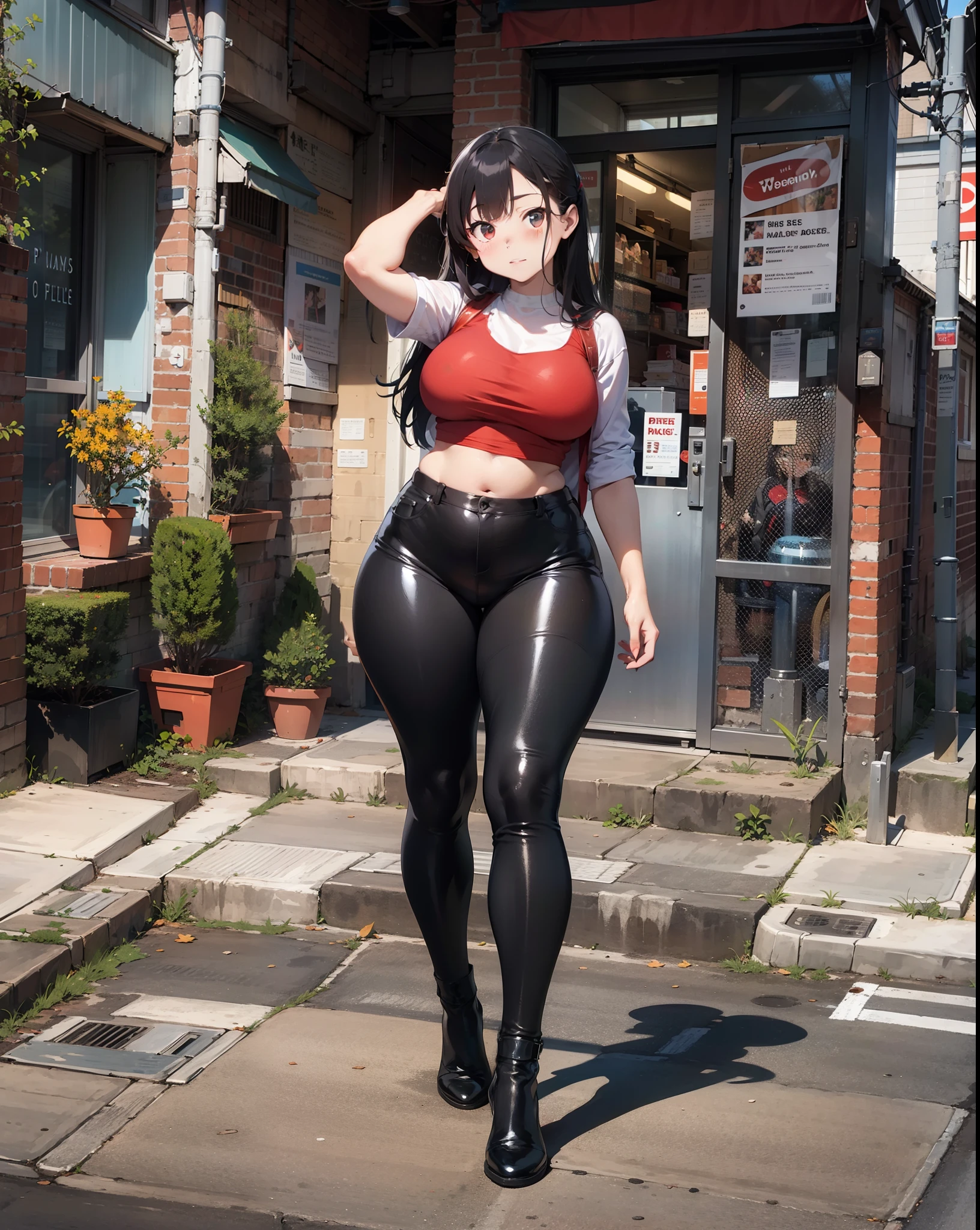 there is a woman in a red top and black pants posing for a picture, wearing black tight clothing, thicc, tight outfit, leather pants, wide hips, beautiful thick female, thick thigs, black leather shiny jeans, skinny waist and thick hips, tight attire, thick body, posing in an urban street, thick, thick thighs, wearing tight simple clothes