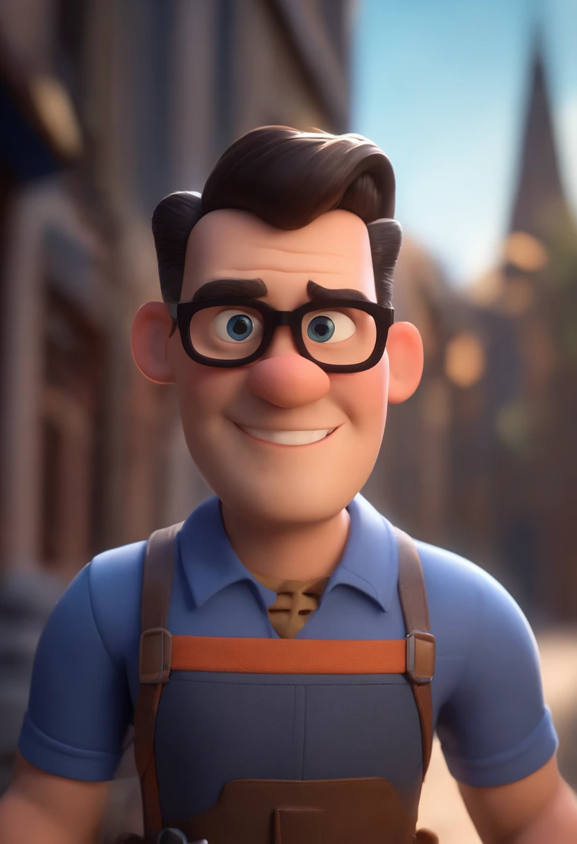 Cartoon character of a man wearing black glasses and a blue shirt, um personagem animado, Caractere estilizado, animation style rendering, 3D estilizado, Arnold Maya render, 3 d render stylized, toon render keyshot, Personagem 3D, Personagem 3D, 3d rendering stylized, 3 d character render, personagem de desenho animado, Personagem de close up, Pose de personagem, (Estilo Pixar) (master part:1.2) (Bokeh) (best quality) (pele detalhada) (textura detalhada) (8k) (argila) (Cinematic lighting) (foco nítido,Senta e vaza a parte superior do corpo