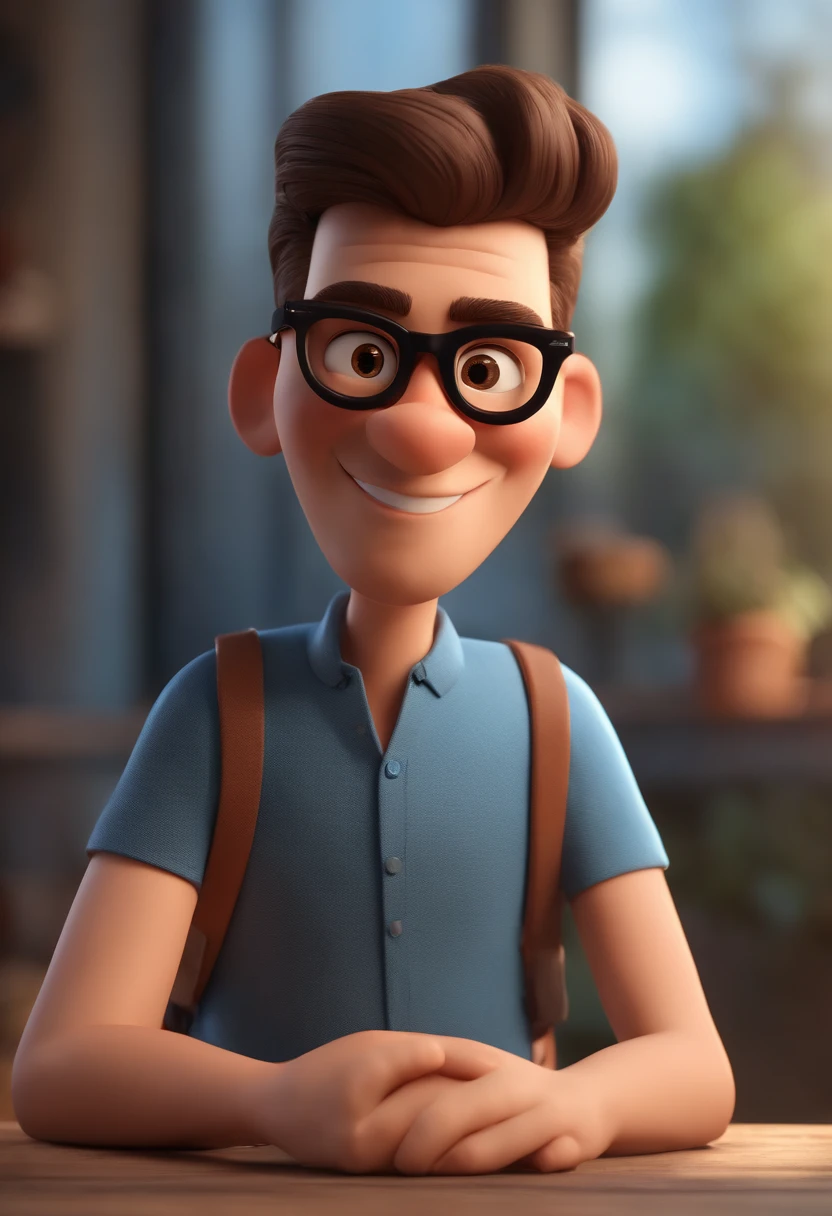 Cartoon character of a man wearing black glasses and a blue shirt, um personagem animado, Caractere estilizado, animation style rendering, 3D estilizado, Arnold Maya render, 3 d render stylized, toon render keyshot, Personagem 3D, Personagem 3D, 3d rendering stylized, 3 d character render, personagem de desenho animado, Personagem de close up, Pose de personagem, (Estilo Pixar) (master part:1.2) (Bokeh) (best quality) (pele detalhada) (textura detalhada) (8k) (argila) (Cinematic lighting) (foco nítido，Senta e vaza a parte superior do corpo