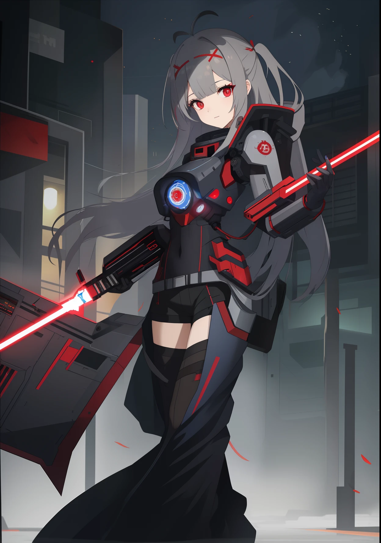 greyt hair, side swept bangs, (hair covering one eye),There is a red antenna decoration on the head, x-shaped pupils, Red eyes,( Mechanical prosthetics), There is a red reactor in the middle of the chest, (Dark blue body), holding a red lightsaber,Stand on the broken streets, Ark of Tomorrow standing painting style, Ray tracing, 8K, Super detail