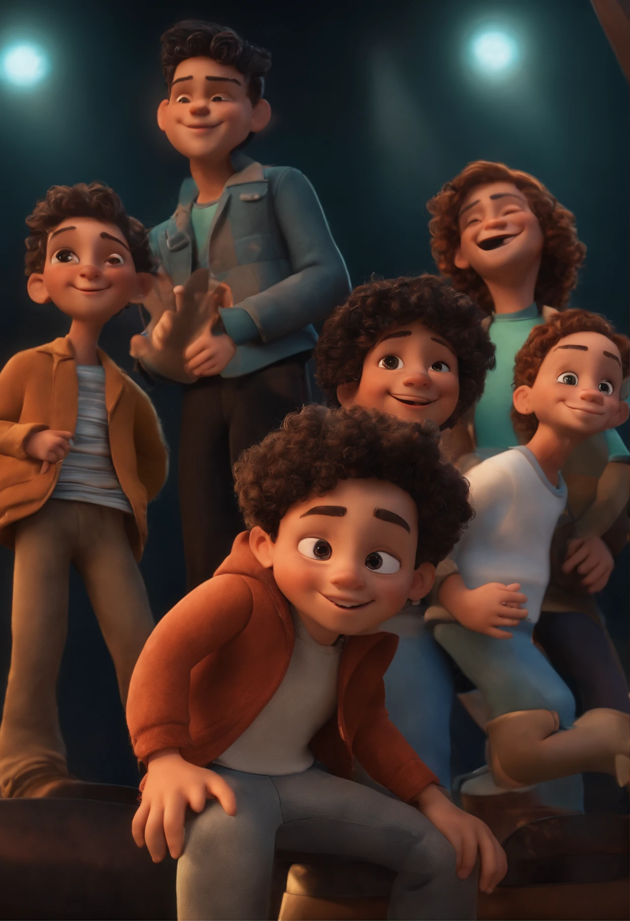 Image of four boys for a story in a dream of singers in Pixar format, They're the Hype Mob , They are the leader of the band , They are extroverted, Playful and gets up for a lot of things , um e moreno da pele escura cacheado, another two are light-skinned curly , um e moreno do cabelo moicano cabelo de cabelo preto , do filme viva a vida e uma festa , com fundo de palco