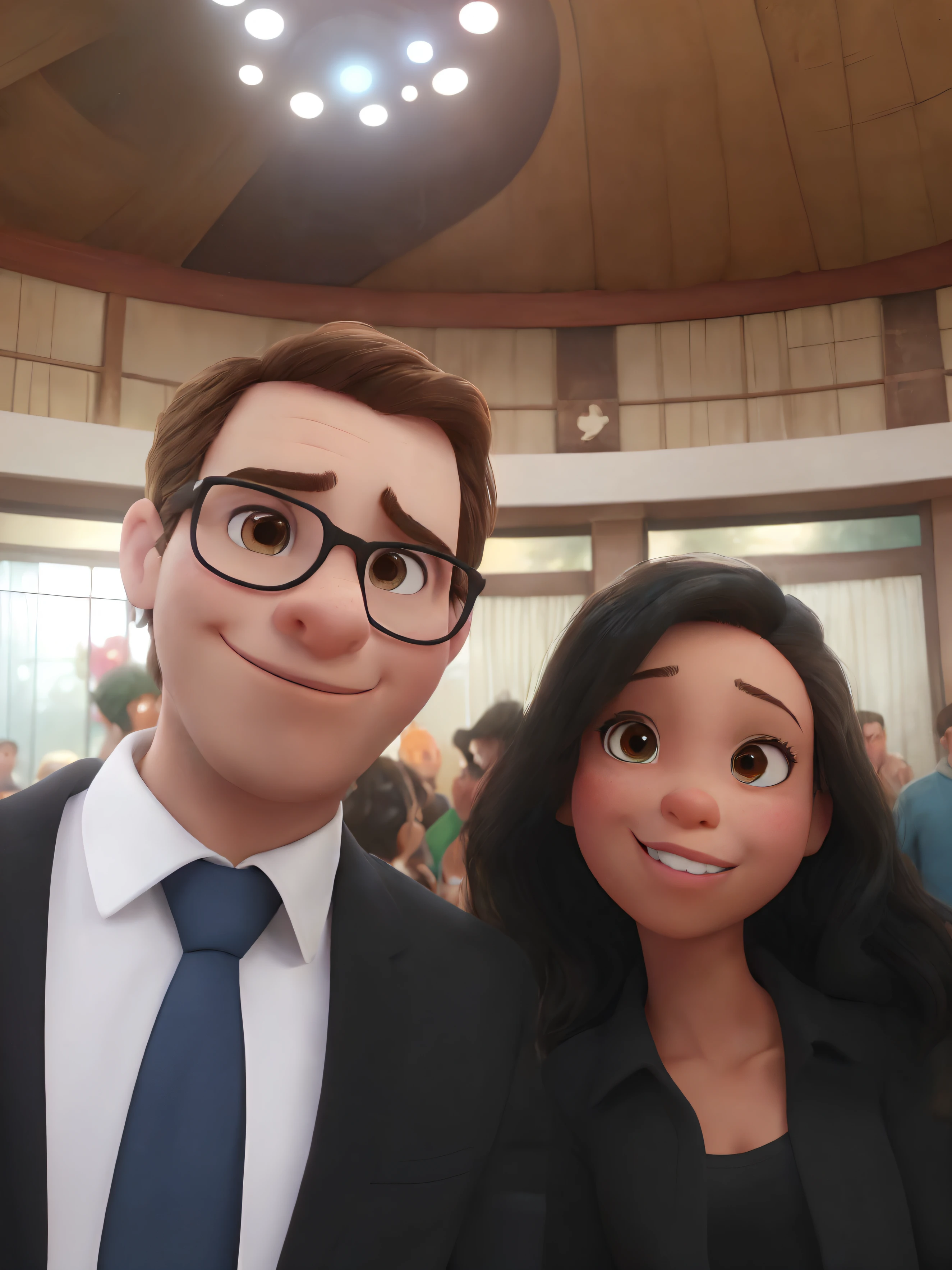 There are two brown-eyed people who are posing for a photo together, o homem tem cabelo castanho claro, a mulher tem cabelo crespo e usa batom vermelho, in high definition and Disney pixar cartoon style