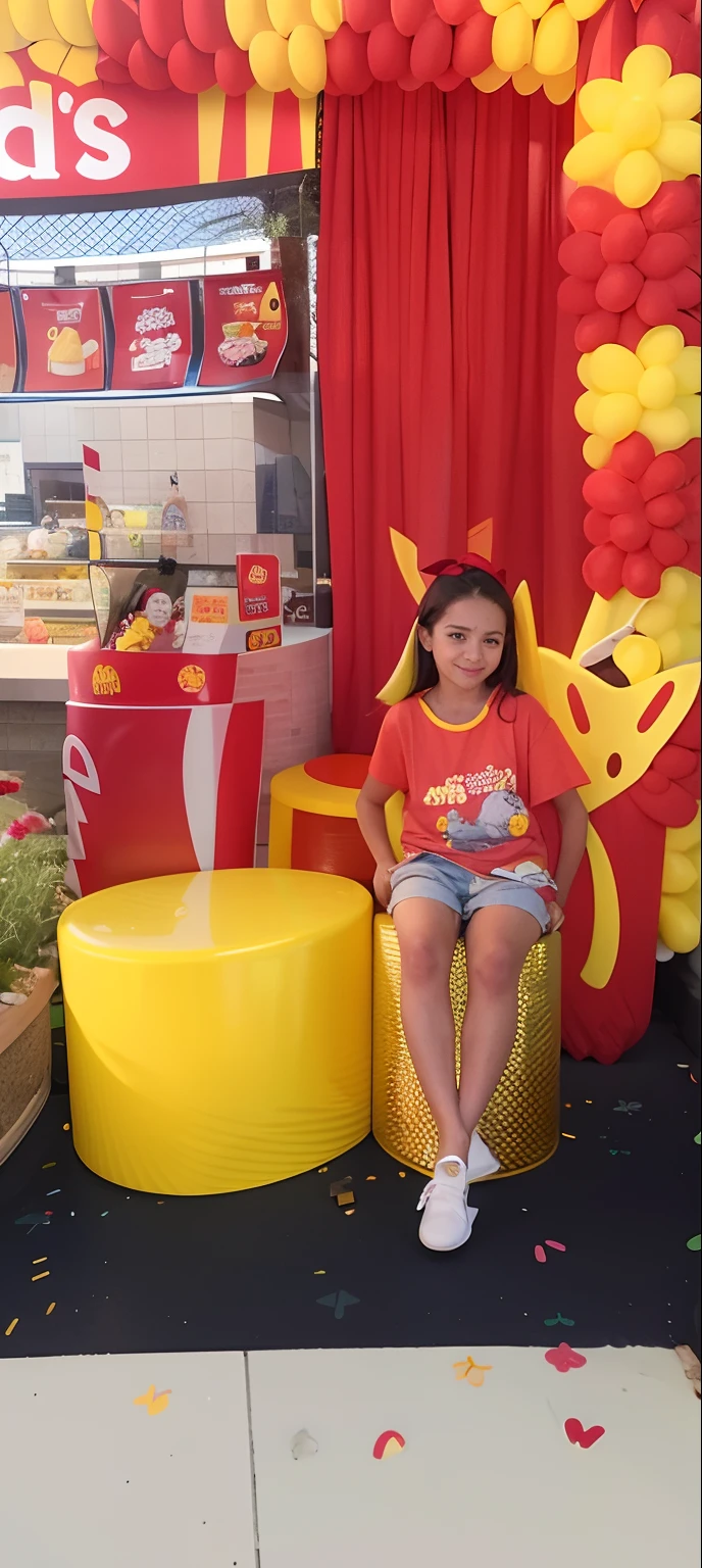 Menina sentada em uma cadeira em frente a uma placa do McDonald's, MC DONALDS, serving happy meals, Directed by: Nandor Soldier, ronald mcdonald, pano de fundo, vestindo roupas vermelhas e amarelas, Mcdonald, comer dentro do McDonalds, Poarch bonito, happy meal toy, McDonalds, Arcos dourados, Cores vermelho-amarelo, vermelho amarelo, vermelho e amarelo