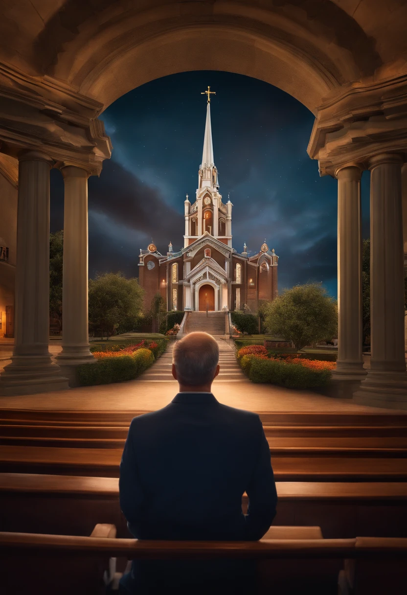 poster 3D inspirado na Disney/Pixar capturando uma cena com um homem de 39 anos, cabelo loiro curto, olho azul, With a Nikon camera in his hand. Background of an Evangelical church altar with a sign written Evangelical Community the Dimension of Power.