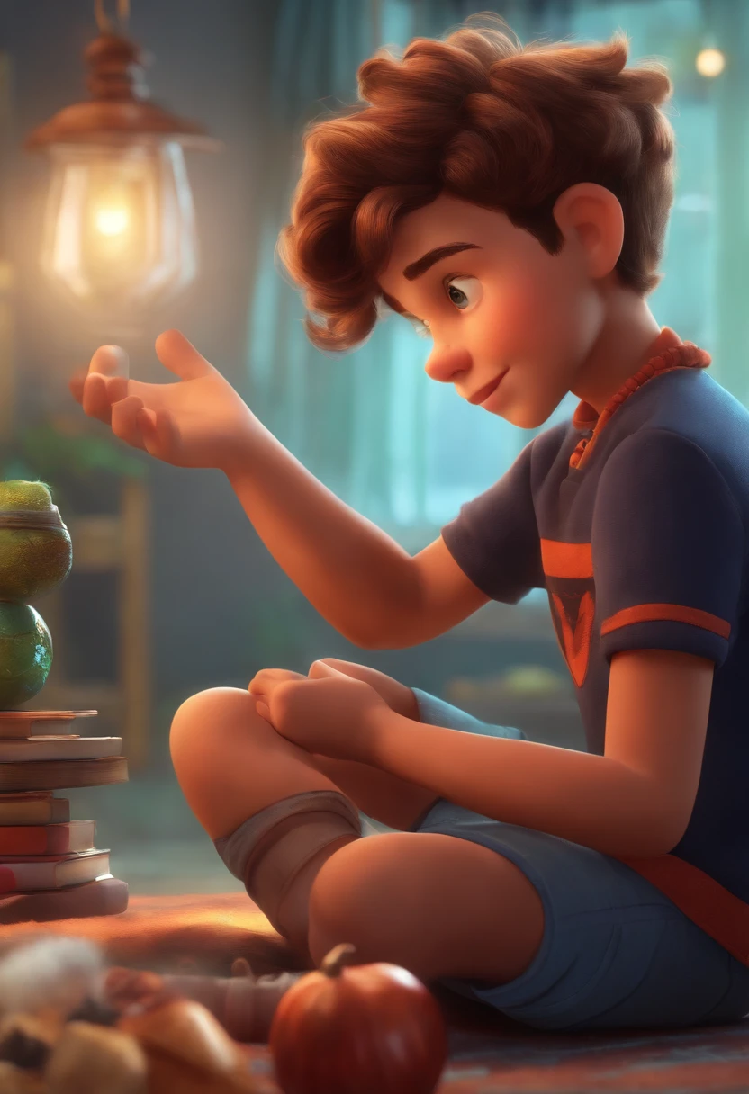 Image of a boy for a story in a YouTube video in Pixar format, He's the little allabester, He's the class leader, He's outgoing, Playful and gets up for a lot of things, cabelo curto