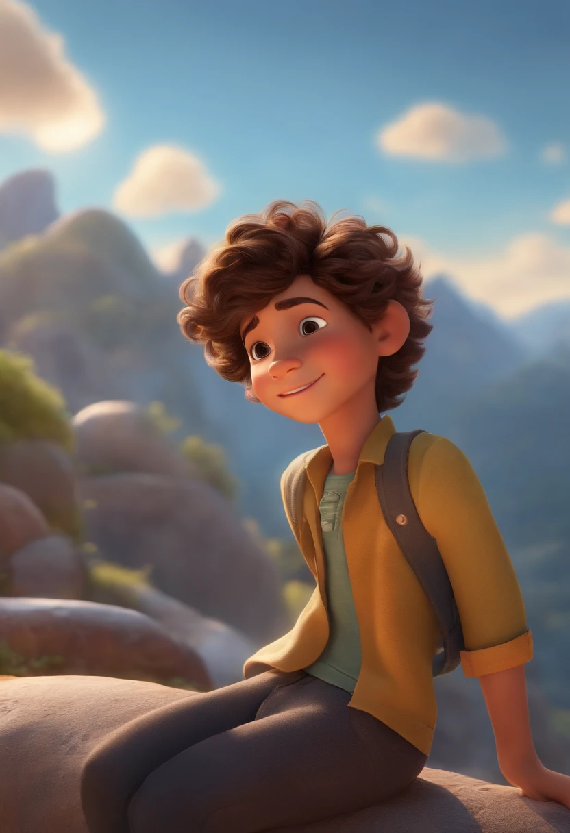 Image of a boy for a story in a YouTube video in Pixar format, He's the little allabester, He's the class leader, He's outgoing, Playful and gets up for a lot of things, cabelo curto