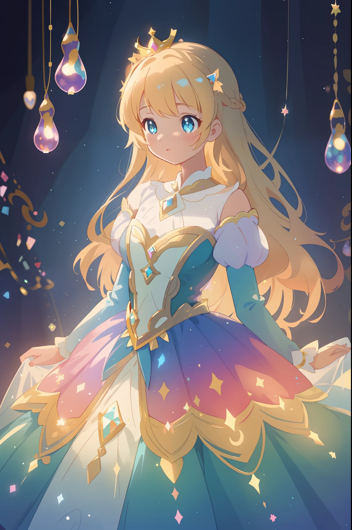beautiful anime girl, princess, colorful fantasy princess layered ballgown, colorful rainbow layered ballgown dress, fantasia background, sparkling lights, sparkling ballgown, twinkling lights, magical, soft pastel colors, (masterpiece), best quality, sharp focus, intricate details, highly detailed, detailed dress design, sharp focus, high resolution, 8k resolution, beautiful face, golden ratio, perfection, perfect composition, sparkling eyes, highly detailed eyes, perfect face, beautiful, sparkling lights, dark background, cinematic lighting, long wavy blonde hair