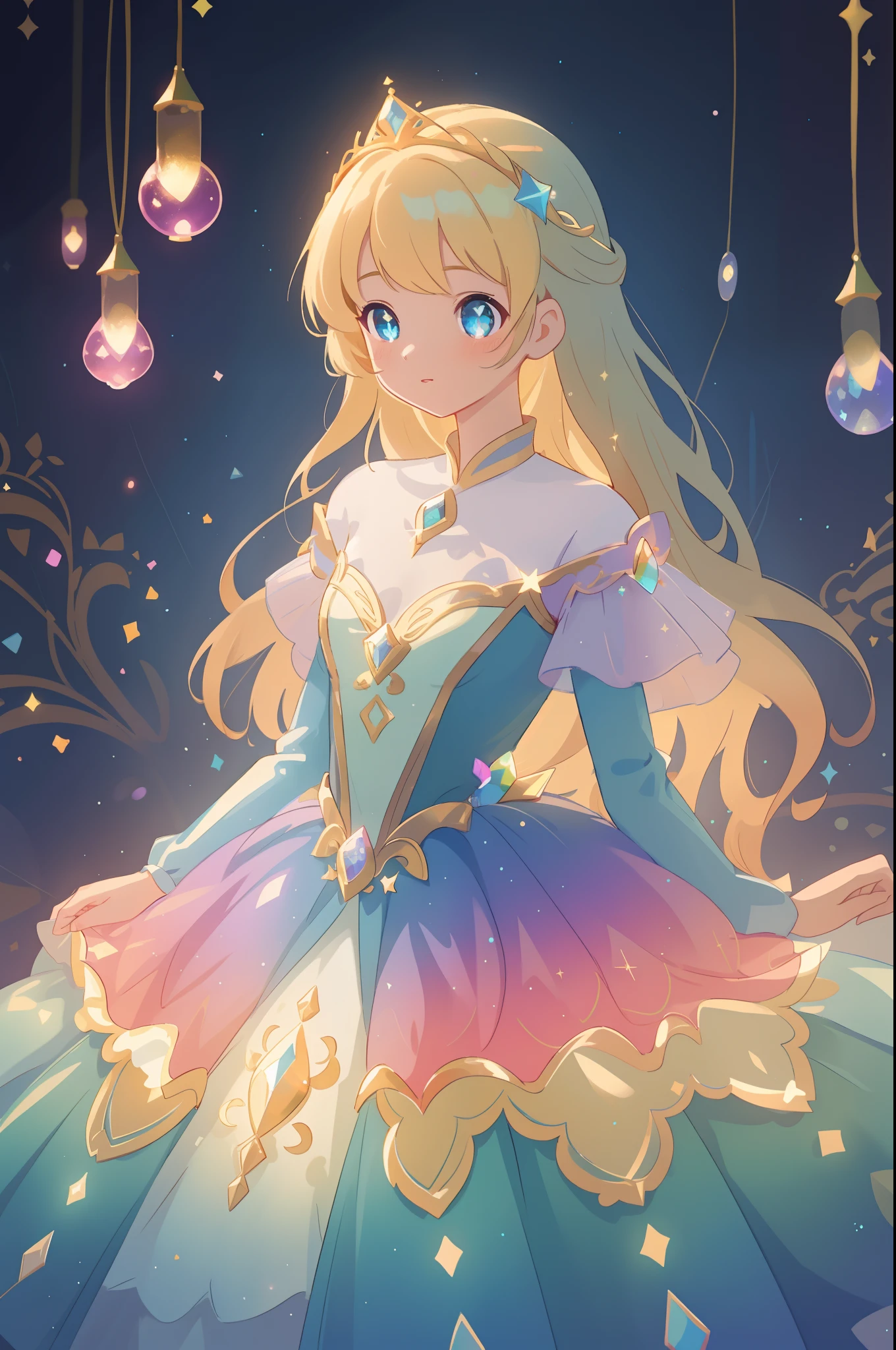 beautiful anime girl, princess, colorful fantasy princess layered ballgown, colorful rainbow layered ballgown dress, fantasia background, sparkling lights, sparkling ballgown, twinkling lights, magical, soft pastel colors, (masterpiece), best quality, sharp focus, intricate details, highly detailed, detailed dress design, sharp focus, high resolution, 8k resolution, beautiful face, golden ratio, perfection, perfect composition, sparkling eyes, highly detailed eyes, perfect face, beautiful, sparkling lights, dark background, cinematic lighting, long wavy blonde hair