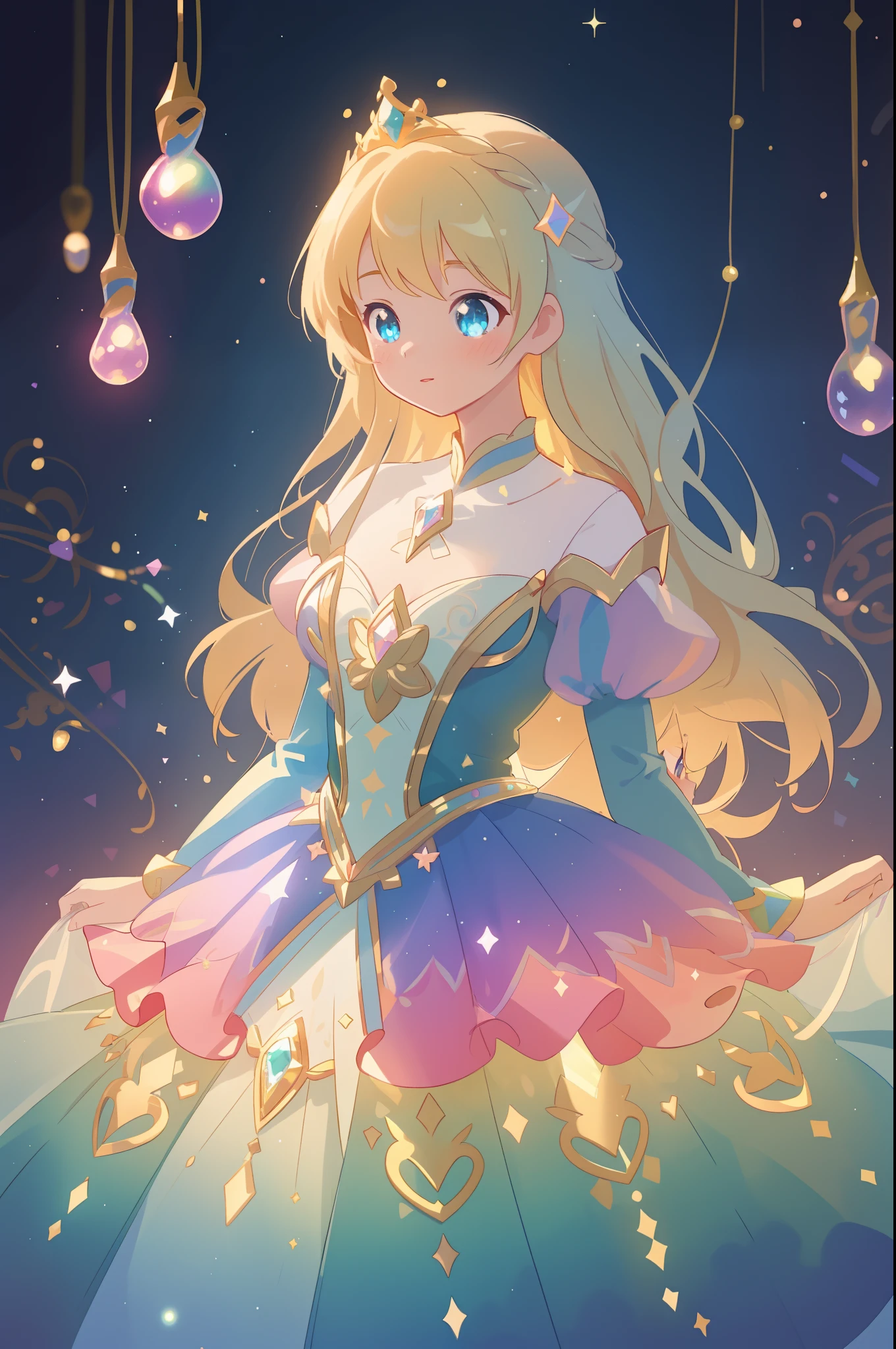beautiful anime girl, princess, colorful fantasy princess layered ballgown, colorful rainbow layered ballgown dress, fantasia background, sparkling lights, sparkling ballgown, twinkling lights, magical, soft pastel colors, (masterpiece), best quality, sharp focus, intricate details, highly detailed, detailed dress design, sharp focus, high resolution, 8k resolution, beautiful face, golden ratio, perfection, perfect composition, sparkling eyes, highly detailed eyes, perfect face, beautiful, sparkling lights, dark background, cinematic lighting, long wavy blonde hair