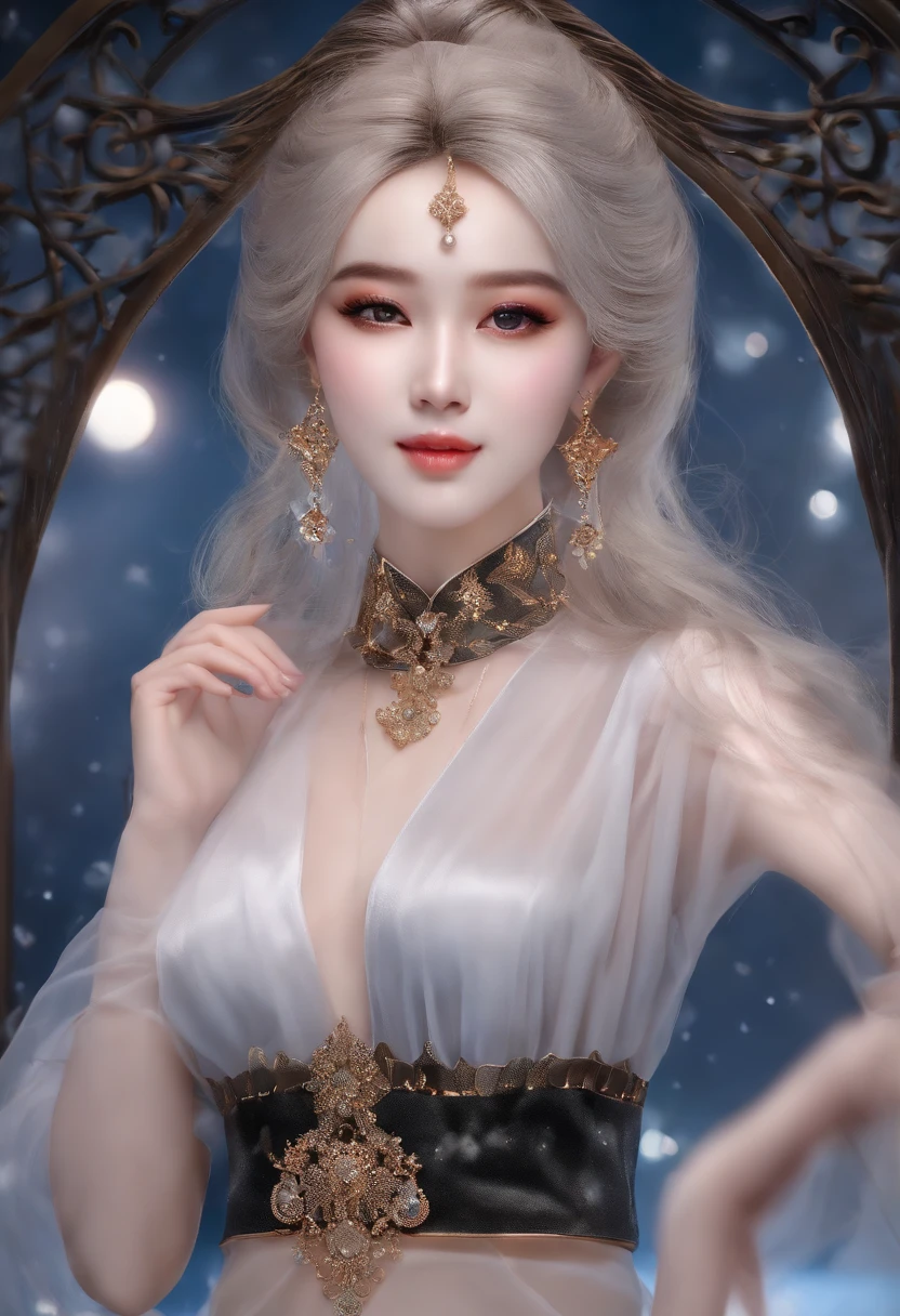 1girll,(enchanced quality:1.4),(Top quality true texture skin), Delicate face,Black hair, Gradient hair, Petite body,(perfect bodies:1.1), There are precious stones on the forehead, rimless eyewears, Sparkling pupils,long eyelasher,grin, hyper photorealism, Cinematic lighting, projected inset, surrealism, hyper HD, Masterpiece, 16k,Lie down,dream on,Wear transparent silk pajamas,Carmelto,Legs slightly open,Tattooed with,Fantasy space,Luxurious space