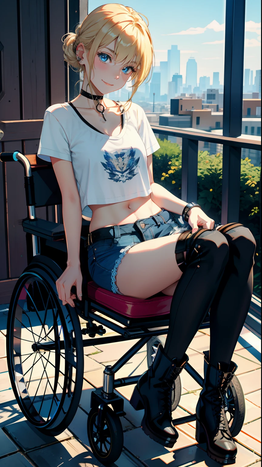 masterpiece, top-quality, Detailed details, Detailed landscapes, beatiful lights, Beautiful Shadows, 1girl in, 23years old,Sitting in a wheelchair、Blue eyes,Mischievous smile, Blonde short、bangle,a choker,piercings,hotpants,Ultra-low rise,off shouldersTThe shirt, Navel Ejection,Loose socks、lace-up boots、Open Finger Gloves、detailed skin textures, Tyndall effect