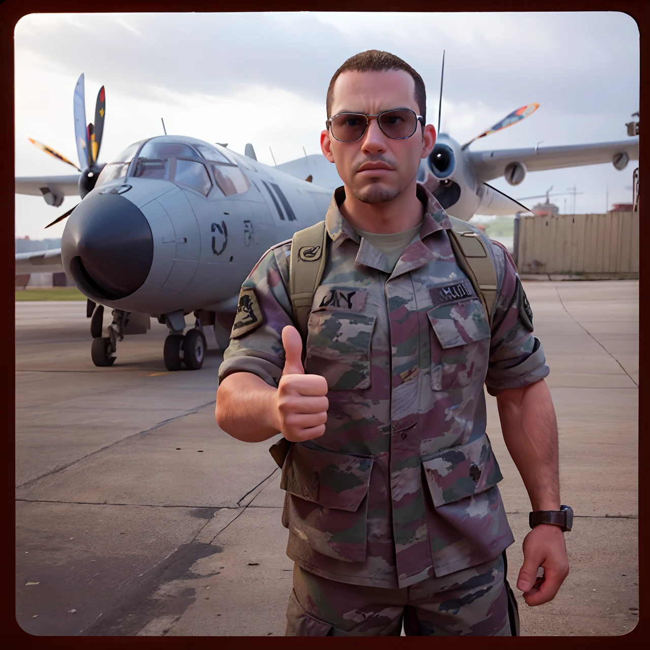 Camouflage uniform giving a thumbs up with an airplane in the background, tony Stark, mercenary, Jason Statham, compostura militar perfeita, Militarista!!!, pronto para o combate, Air Force Airplane, em pilotos, Soldado robusto, em uniforme militar, Military Special Force