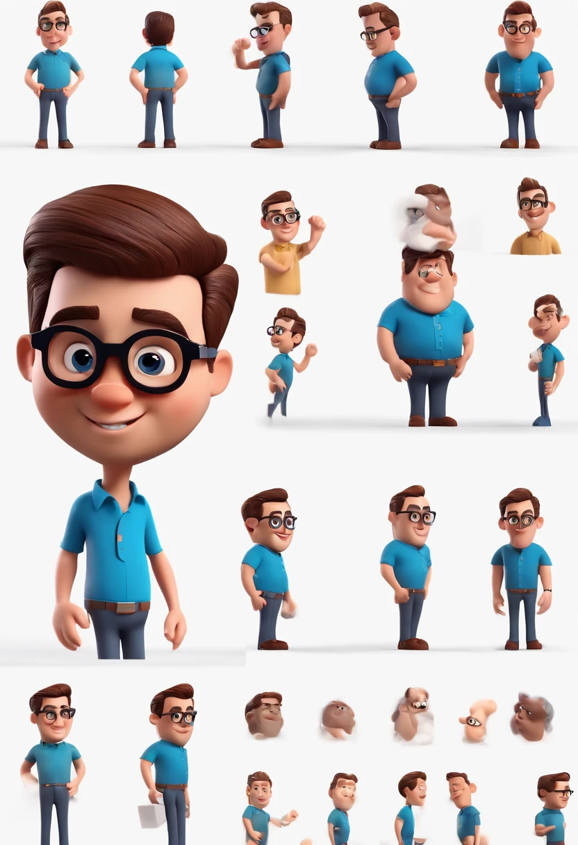 Cartoon character of a man with black glasses and a blue shirt, animation character, Caractere estilizado, animation style rendering, 3D estilizado, Arnold Maya render, 3 d render stylized, toon render keyshot, Personagem 3D, Personagem 3D, 3d rendering stylized, 3 d character render, personagem de desenho animado, Personagem de close up, Pose de personagem,  (Estilo Pixar) (master part:1.2) (Bokeh) (best quality) (pele detalhada) (textura detalhada) (8k) (argila) (Cinematic lighting) (foco nítido