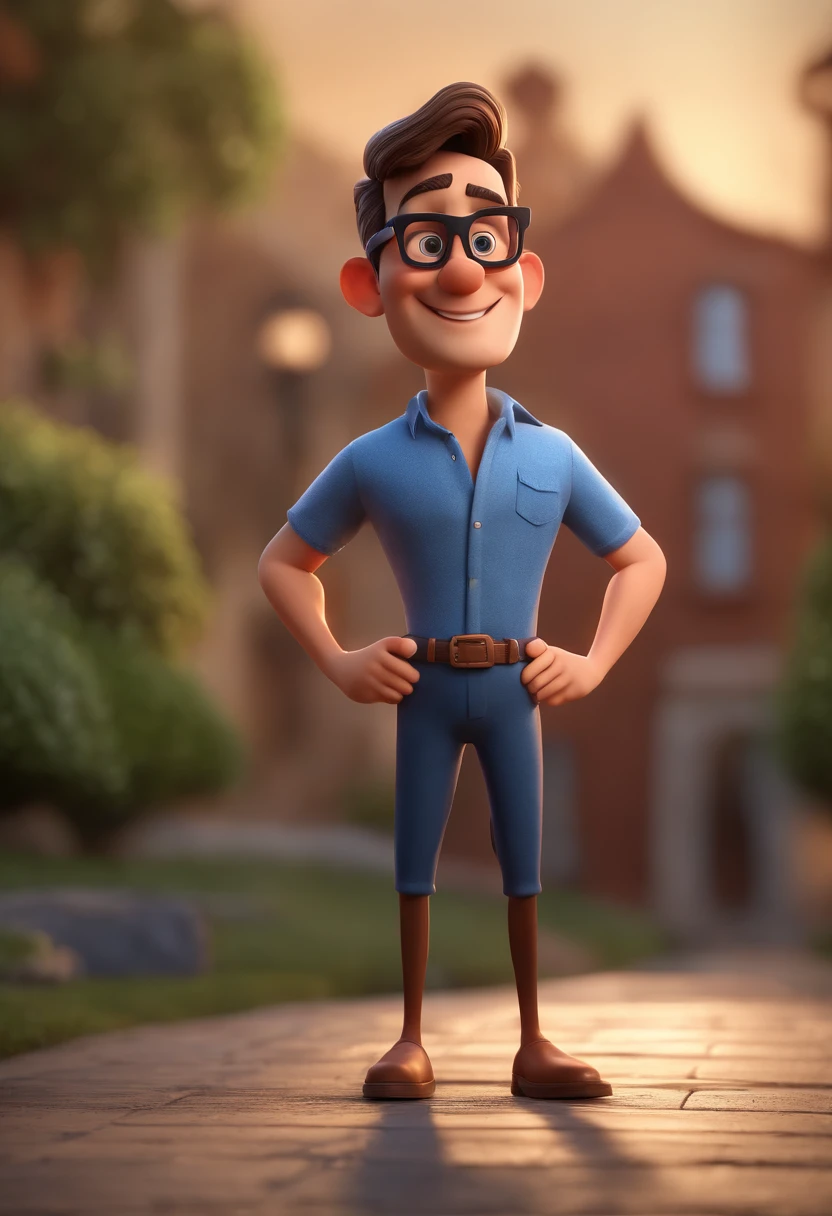 Cartoon character of a man with black glasses and a blue shirt, animation character, Caractere estilizado, animation style rendering, 3D estilizado, Arnold Maya render, 3 d render stylized, toon render keyshot, Personagem 3D, Personagem 3D, 3d rendering stylized, 3 d character render, personagem de desenho animado, Personagem de close up, Pose de personagem,  (Estilo Pixar) (master part:1.2) (Bokeh) (best quality) (pele detalhada) (textura detalhada) (8k) (argila) (Cinematic lighting) (foco nítido