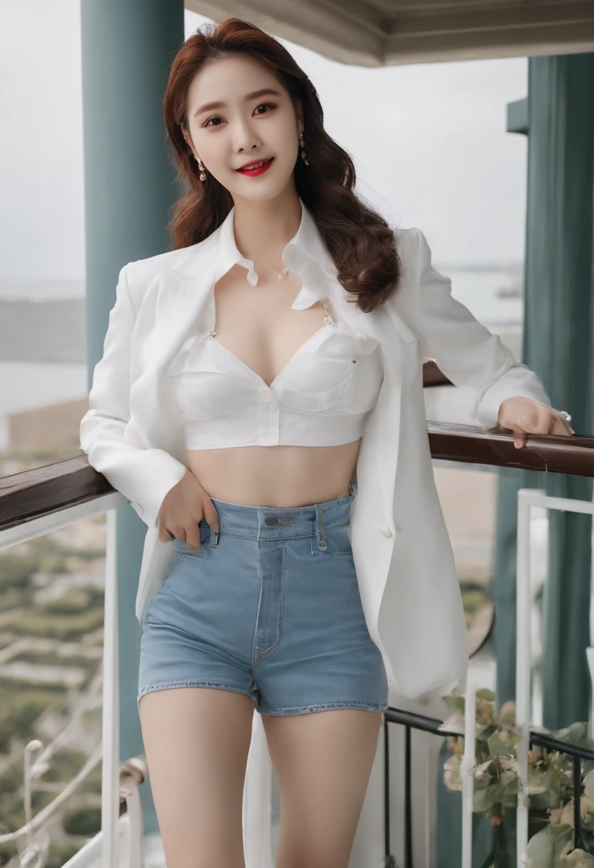K-pop idols、Female sexy、、on a balcony、A smiling girl，While wearing a white Business suits，White tight skirt，Eating ice cream、Sit up、full of sweat、sodden、She's wet、sperm、barechested、Sex life