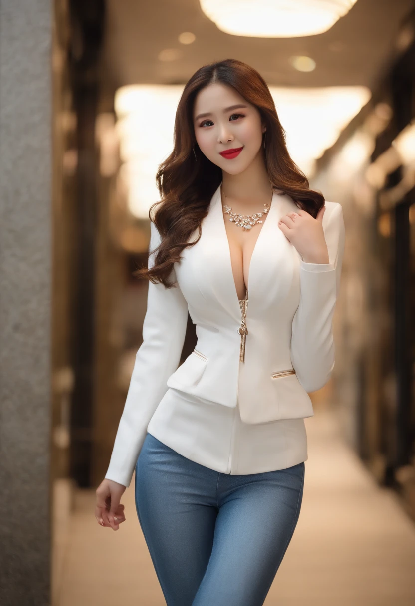 8K、超A high resolution、Best quality、masutepiece 、A smiling girl,While wearing a white Business suits,White tight skirt,(Quite huge、nedium breasts、Protruding chest、Expose your breasts、Hide all breasts、The beautiful:1.48)(fullnude、Black leather jacket、Open the zipper、Tight jeans、In the street、Happy smile、large black eyes、Gloss on lips、a necklace、Pin-heels, fullnude