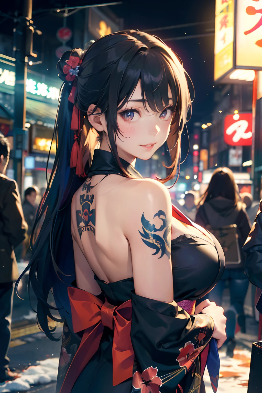 a 20 yo woman、Blackberry Hair、long twintail、Big smile、cleavage of the breast、Thighs at a glance、fishnet tights、Long cheongsam with long purple ankles on open chest、(hi-top fade:1.3)、dark themed、Muted Tones、Subdued Color、highly contrast、(natural skin textures、Hyper-Realism、Soft light、sharp) (masutepiece, of the highest quality, Best Quality, Official art, Beautiful and aesthetic: 1.2), (1girl in: 1.3), Very detailed, (Fractal Art: 1.1), (Color: 1.1) (Flowers: 1.3), (By Yuko Higuchi:1.4), Yuko Higuchi,(posted by Yow:1.2),(linear art),Line drawing,Pen drawing,Zentangle,(Tattoo patterns:1.2),(complex lines),(masutepiece),(Best Quality:1.1), (Ultra-detailed),Best Illustration,finely detail,hand-drawn high quality,High contrast,(Clean lines:1.3),ligne claire,(Portrait),(very closeup:1.1),1 girl,Solo,The girl is wrapped in snow,(Intricate details:1.3),(Detailed background:1.2),(coloured background:1.1),sketch,Intricate details,High resolution,a moon,top-quality、8K、hight resolution、masterpiece、(portlate:0.6)、A dark-haired、Middle hair、(grinning evily:1.3)、(Look at viewers:1.3)、(bokeh dof)、18year old、8K, masutepiece, (Photorealistic:1.5), Artistic portrait from behind ((Yakuza Girls) Wearing kimono), back tattoo, Revealing the tattoo on the back, (Dragon tattoo), Bare shoulders, huge-breasted, Beautiful skin, Slim Fit Body, Cute face, nice appearance, look at viewr, Red hair in a bun with bangs, Foggy, Daylight, skyscapers, Clouds, Cozy and cool atmosphere, Dynamic lighting, natural, artistic,18-year-old girl Wahori skin, Yakuza, Japan Mafia, Background of Tokyo Red Light District, Realistic, Photoreal, masutepiece, Best Quality, Movie photo of a Japan cartel gang with tattoos, epic lighting, Yakuza tattoos on Japan, japanese art on behance, Japan culture, Sexy, Exotic, Erotic,Tattoos of butterflies and flowers all over the upper body,